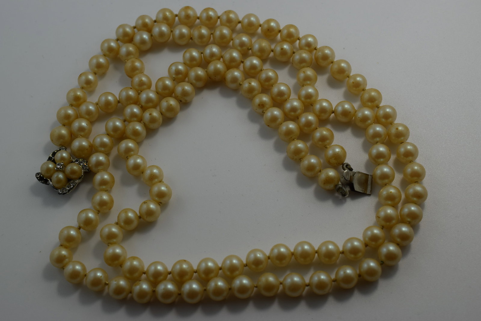 Double Strand 21" Knotted Glass Pearl Necklace Rhinestone Clasp 1940's Vintage Lot # JM 1172: Double Strand 21" Knotted Glass Pearl Necklace Rhinestone Clasp 1940's Vintage