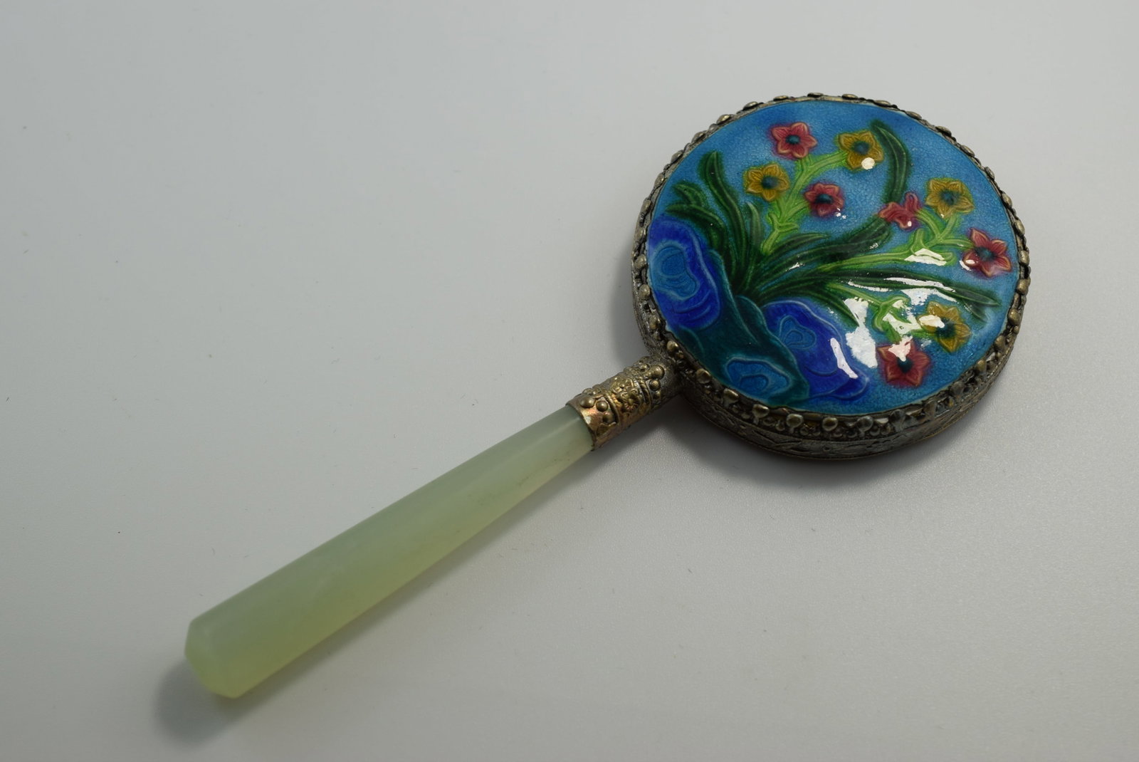 Enamel Jade Handle Mirror 5 1/4" Vintage Lot # JM 1196: Enamel Jade Handle Mirror 5 1/4" Vintage