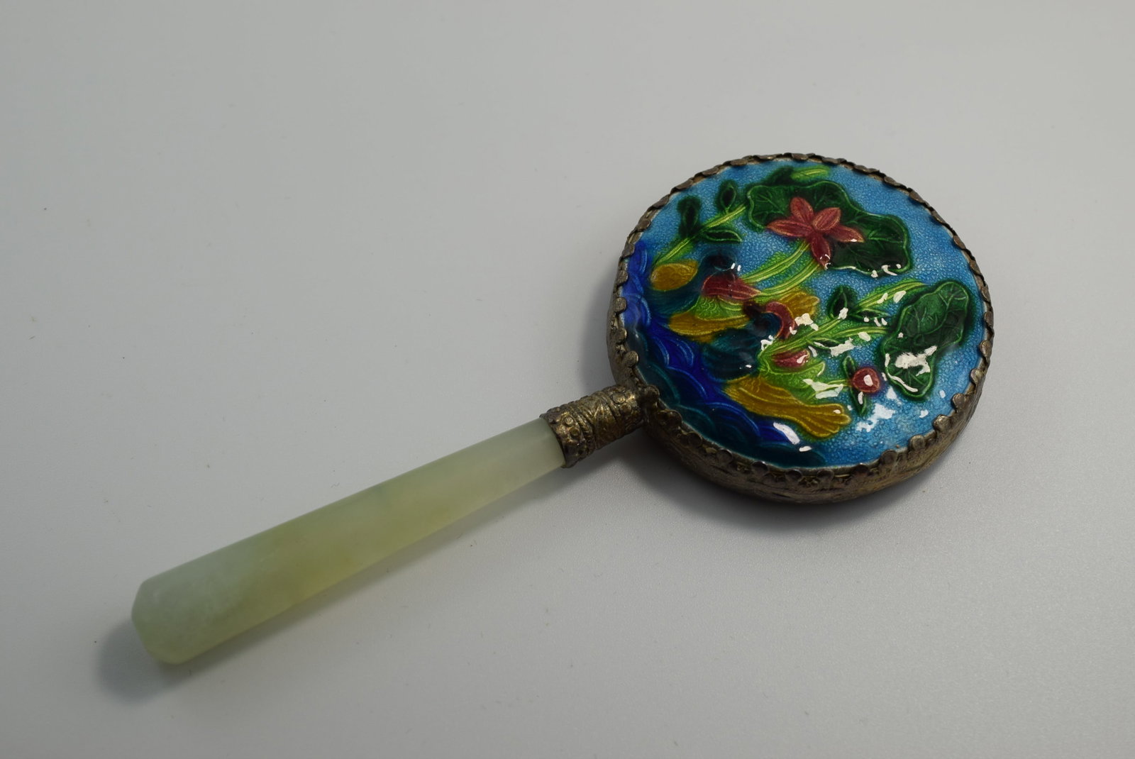 Enamel Jade Handle Mirror 5 1/4" Vintage Lot # JM 1197: Enamel Jade Handle Mirror 5 1/4" Vintage