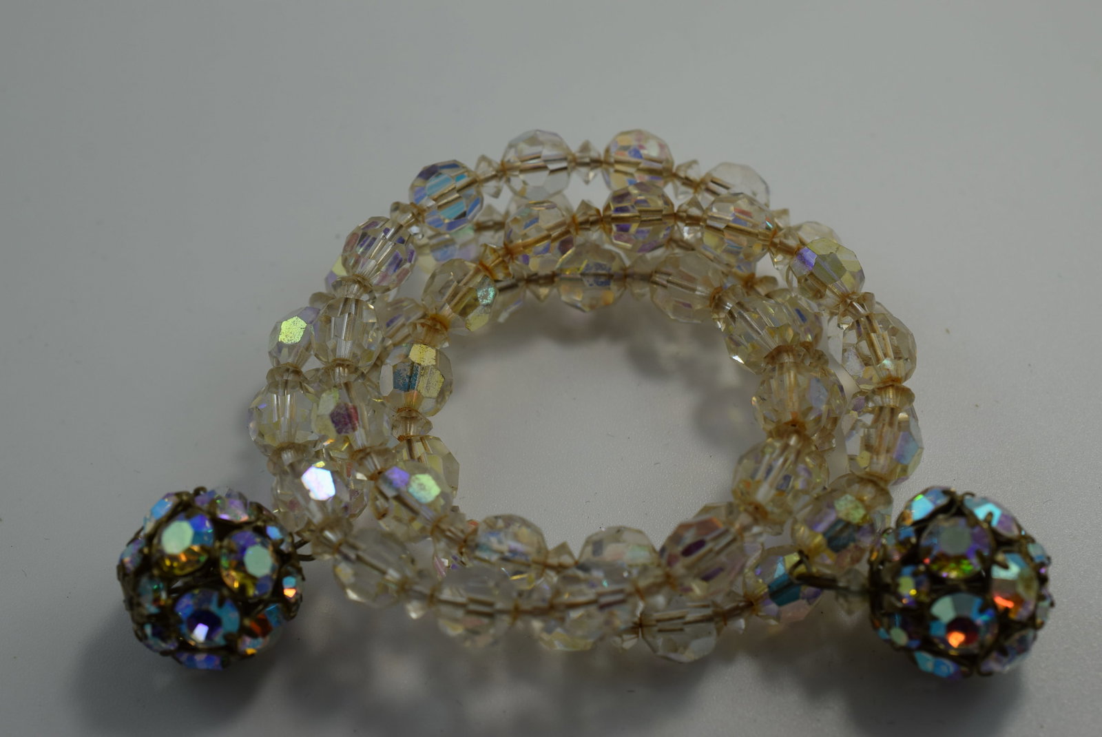 Spring Crystal Bracelet Rhinestone Ball Ends 1940's Vintage Lot # JM 1212: Spring Crystal Bracelet Rhinestone Ball Ends 1940's Vintage