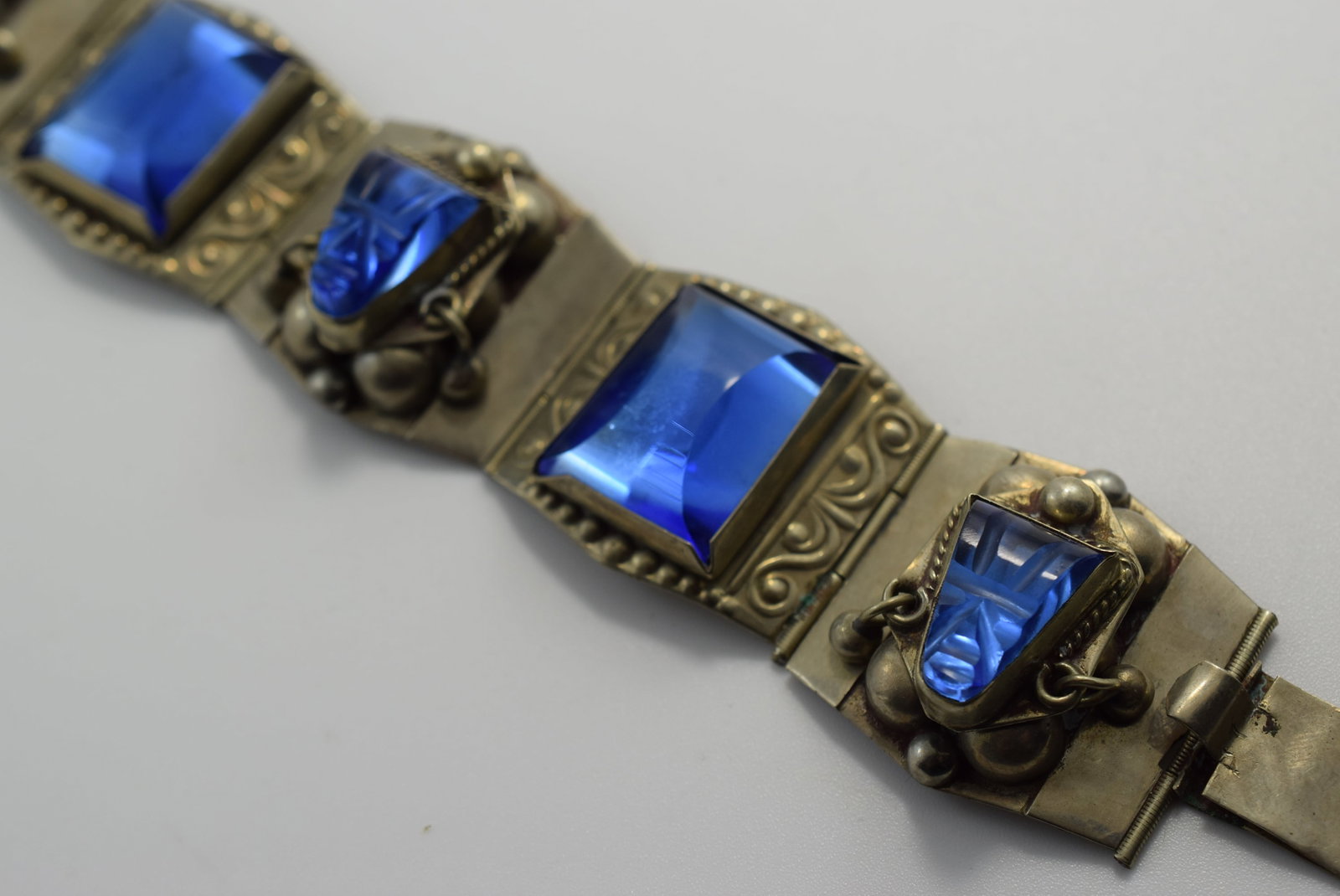 Sterling Silver 925 Blue Glass Faces Bracelet Vintage Lot # JM 1245 (1 of 5)
