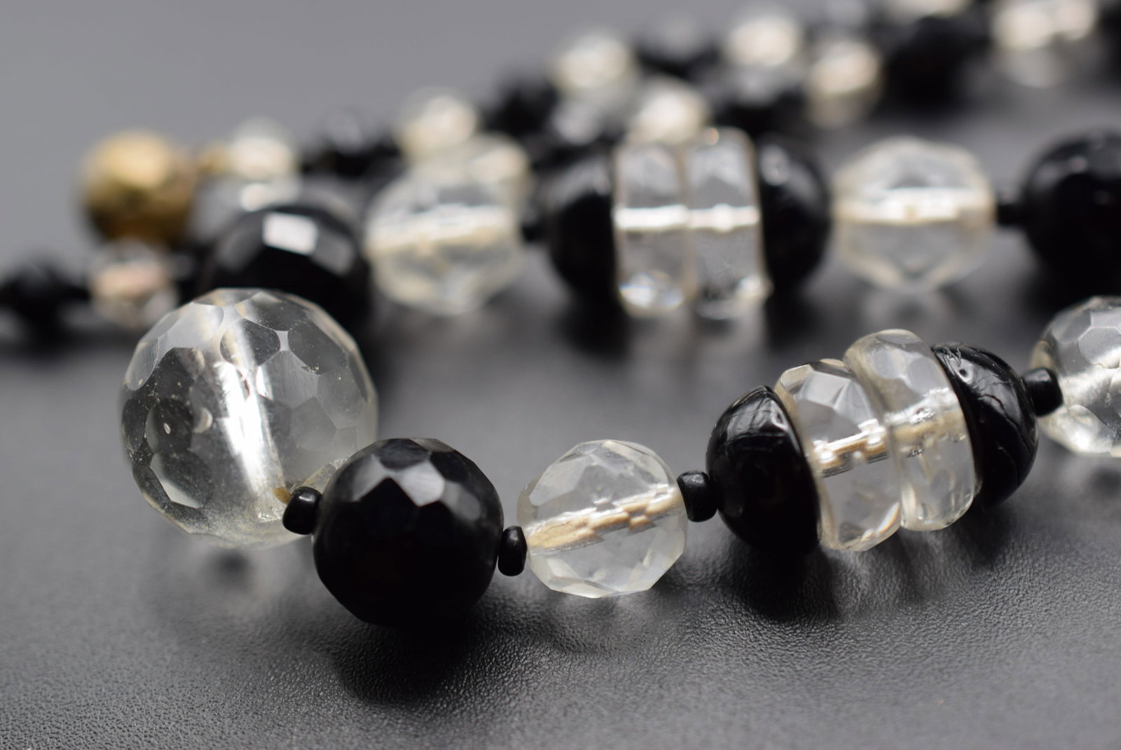 Art Deco Crystal Cut Vintage Necklace 17 1/2" long Lot HK 46: Art Deco Crystal Cut Vintage Necklace 17 1/2" long clasp slips into this round metal cutout bead wow