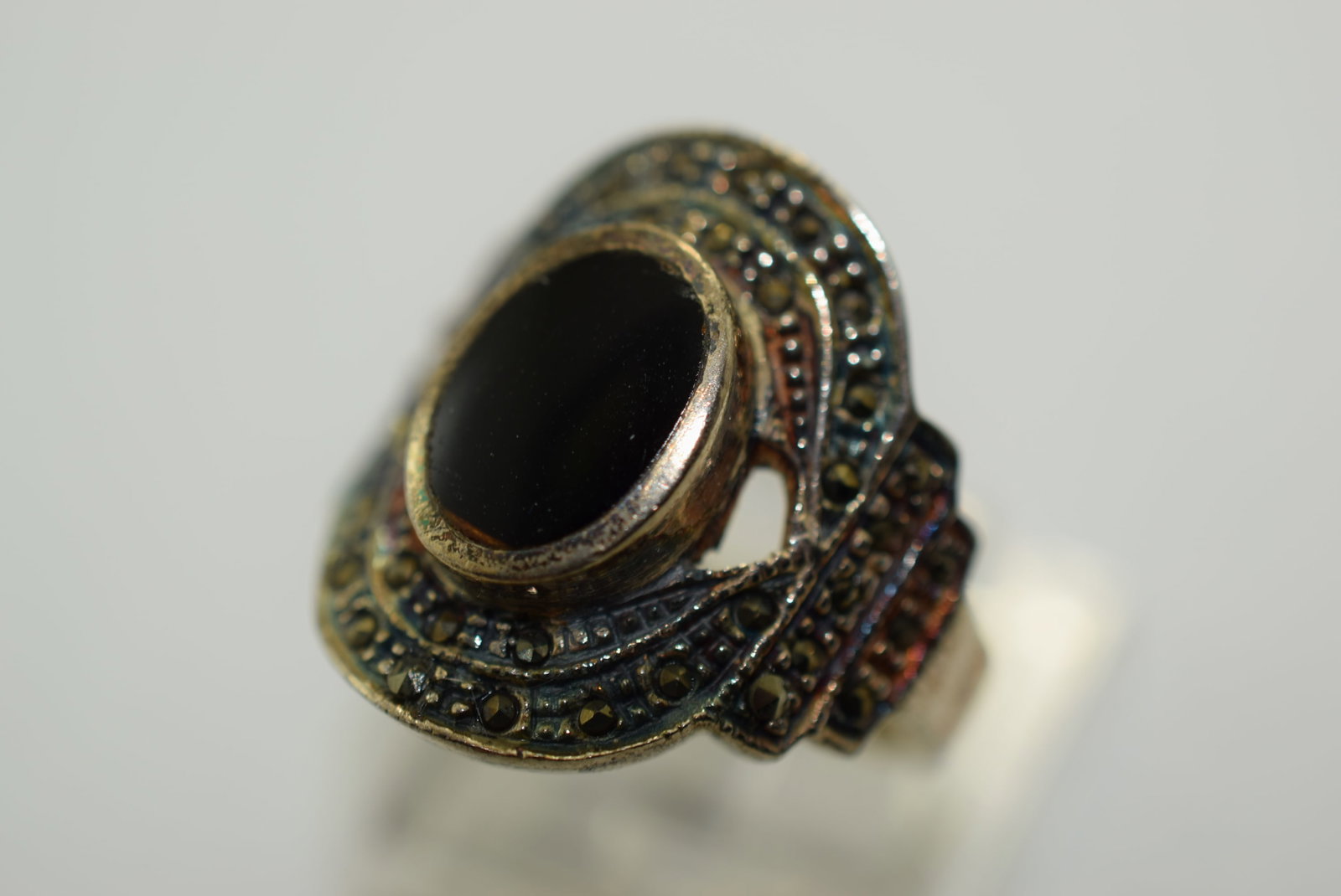 Marcasite Onyx Sterling Silver 925 Huge Ring Size 7.5 Vintage Lot # KN 85: Marcasite Onyx Sterling Silver 925 Huge Ring Size 7.5 Vintage 6.8 grams