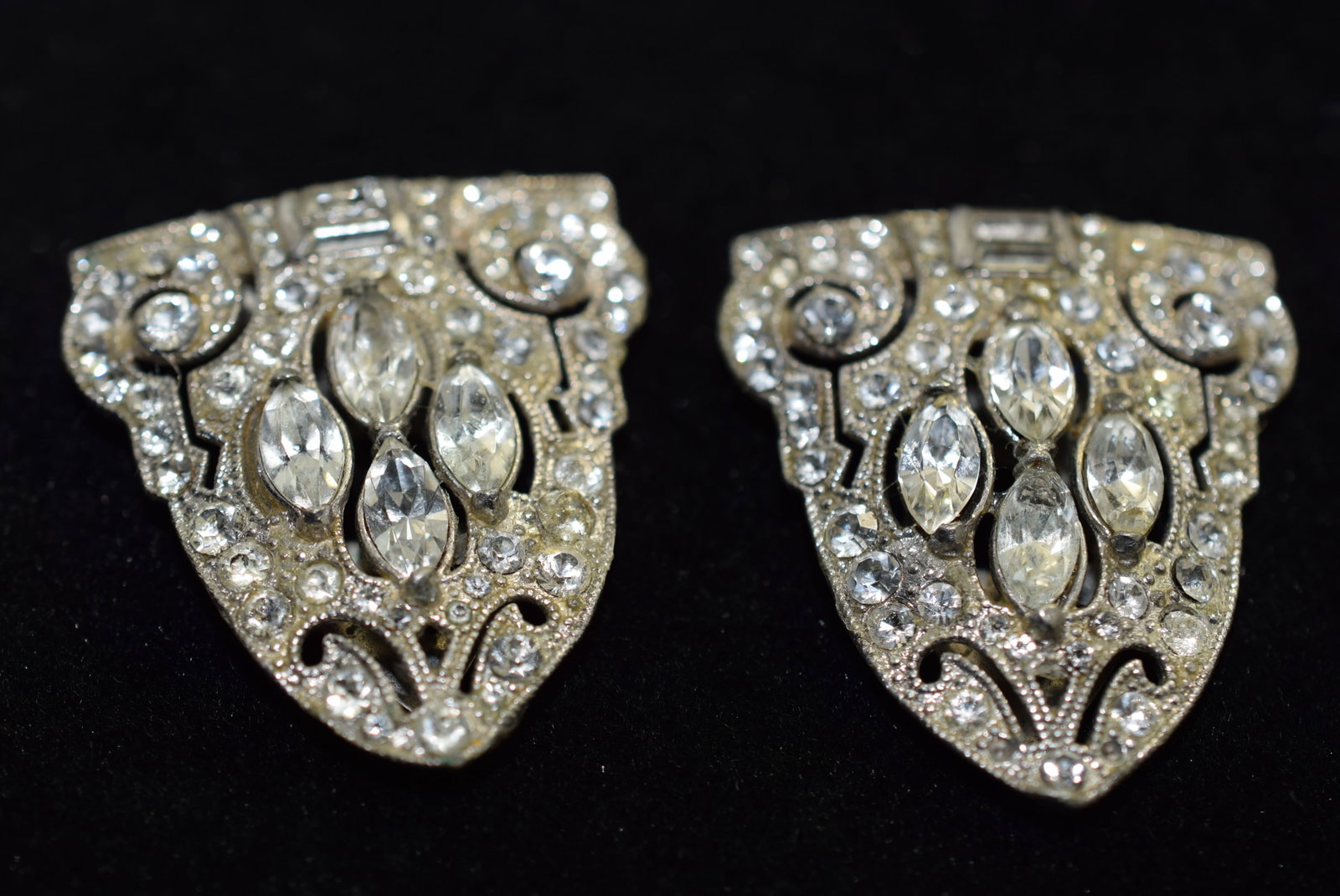 Pair Clips Rhinestone 1940's 1 1/2" each Vintage Lot # KN 116 (1 of 2)