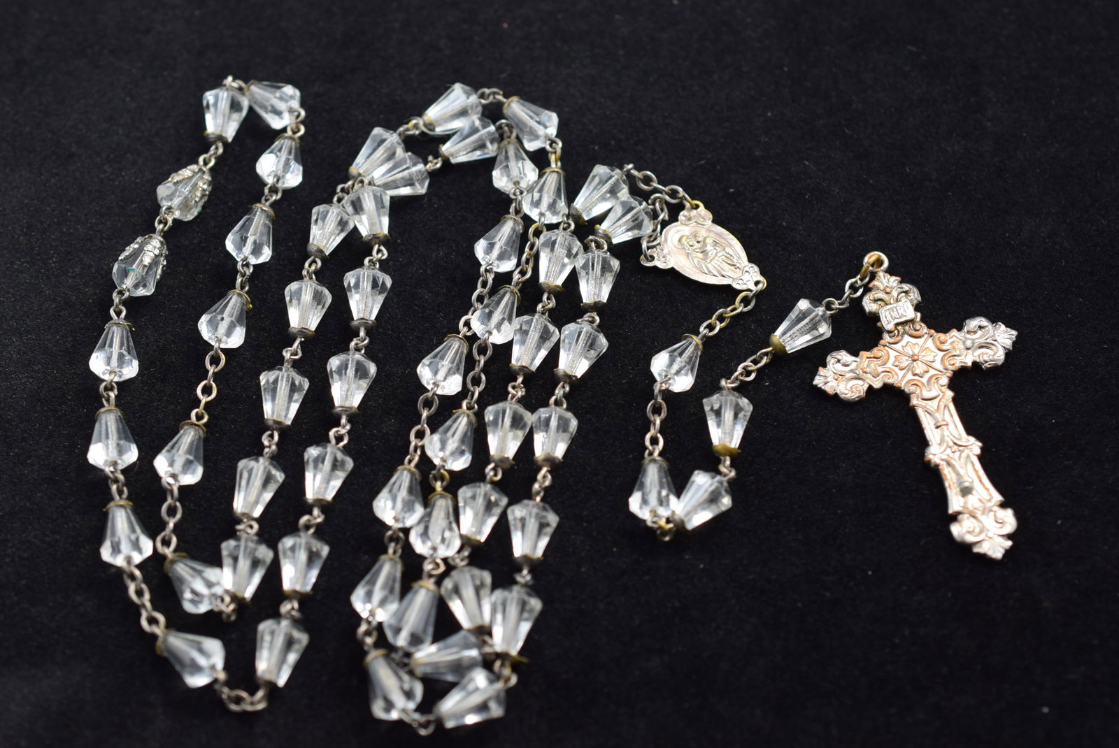 Crystal Rosary 1940's Vintage Lot # KN 149: Crystal Rosary 1940's Vintage Circumference measures 36" Drop 7" and hanging Length is 25 1/2" is genuinely beautiful and a treasure, very good quality crystals and workmanship Single Capped