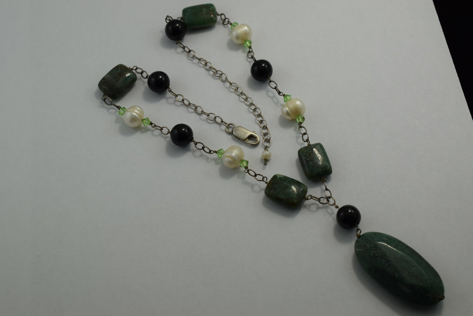 Sterling Silver 925 Stone Pearl Necklace 17" Vintage Lot # KN 151: Sterling Silver 925 Stone Pearl Necklace 17" Vintage