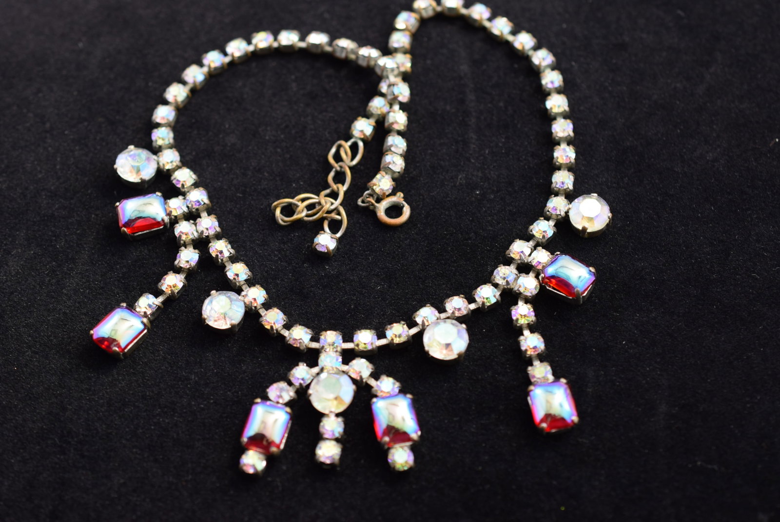 Rhinestone Necklace Red Cabochons 17 1/2" Vintage Lot # KN 156 (1 of 3)