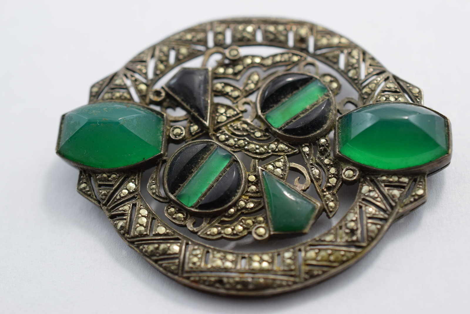 Sterling Silver 925 Malachite Onyx HUGE Brooch Pin 2 1/4" Vintage Lot # KN 167 (1 of 3)