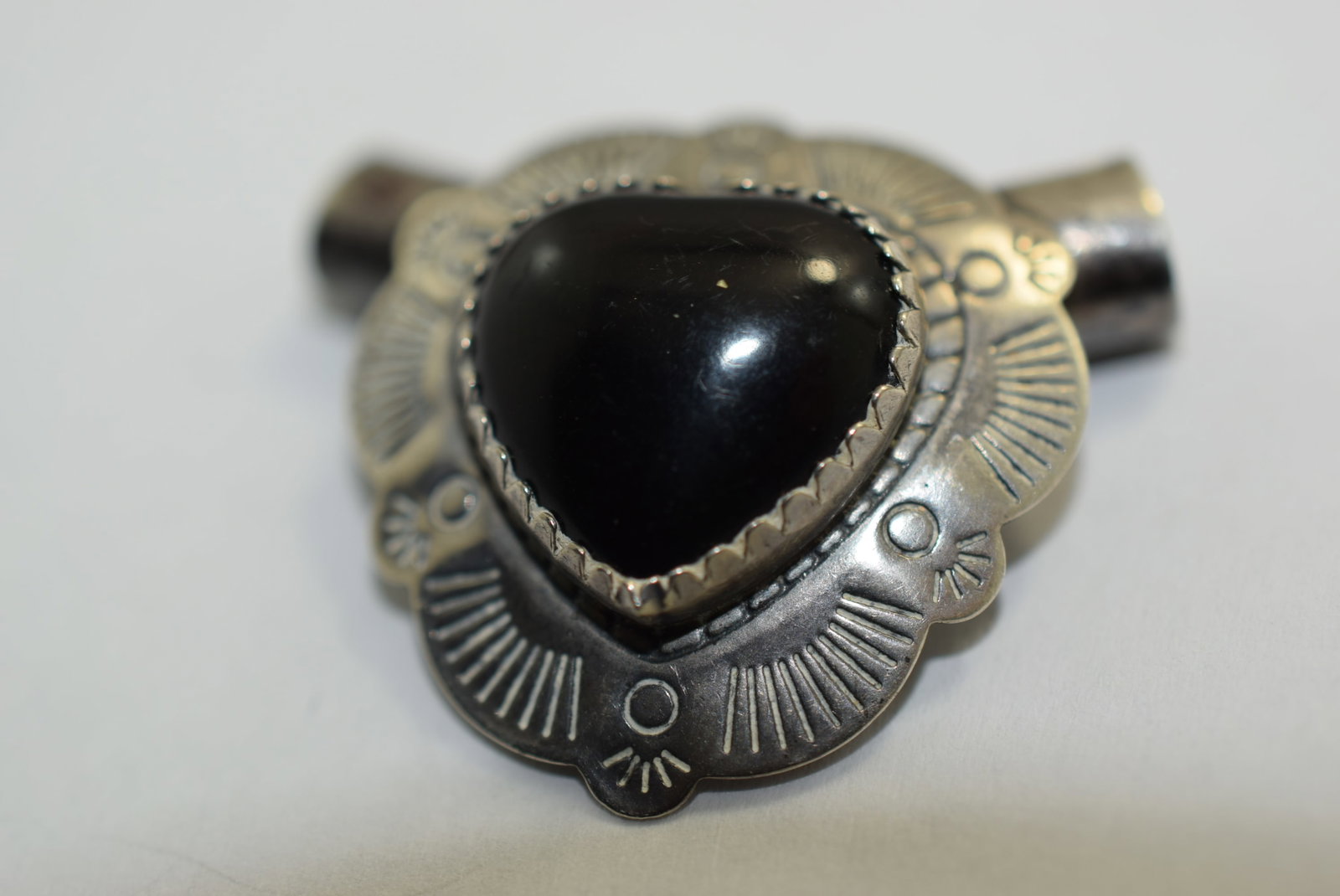 Onyx Navajo TK Signed Sterling Silver 925 Pendant Bolero Vintage Lot # KN 263: Onyx Navajo TK Signed Sterling Silver 925 Pendant Bolero Vintage 1 3/8"