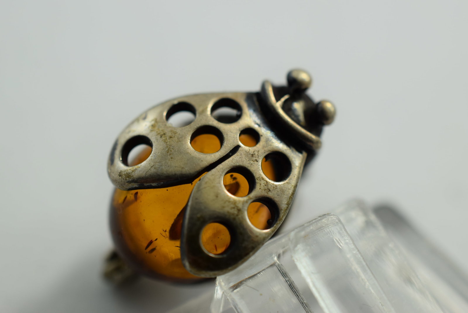 Genuine Amber Lady Bug Sterling Silver 925 Brooch Pin Vintage Lot # KN 274 (1 of 3)