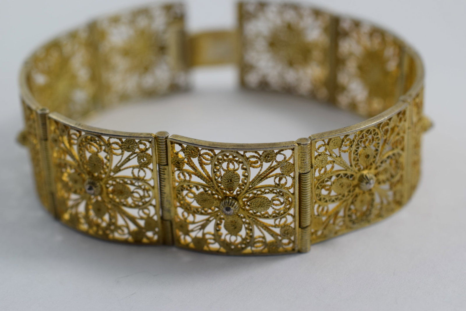 Filigree 800 Gilt Silver Gold Vermeil 7" Bracelet Vintage Lot # KN 306: Filigree 800 Gilt Silver Gold Vermeil 7" Bracelet Vintage