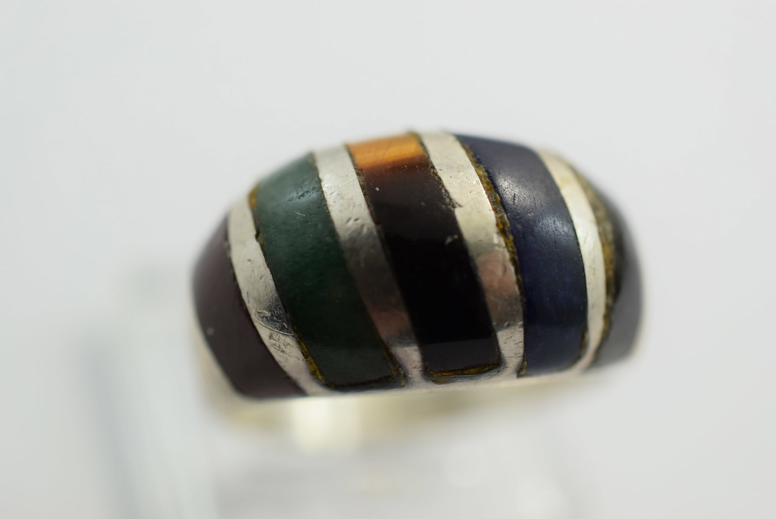 Tiger's Eye Lapis Onyx Sterling Inlaid Ring Size 8 Vintage Lot # KN 313: Tiger's Eye Lapis Onyx Sterling Inlaid Ring Size 8 Vintage 7.72 grams