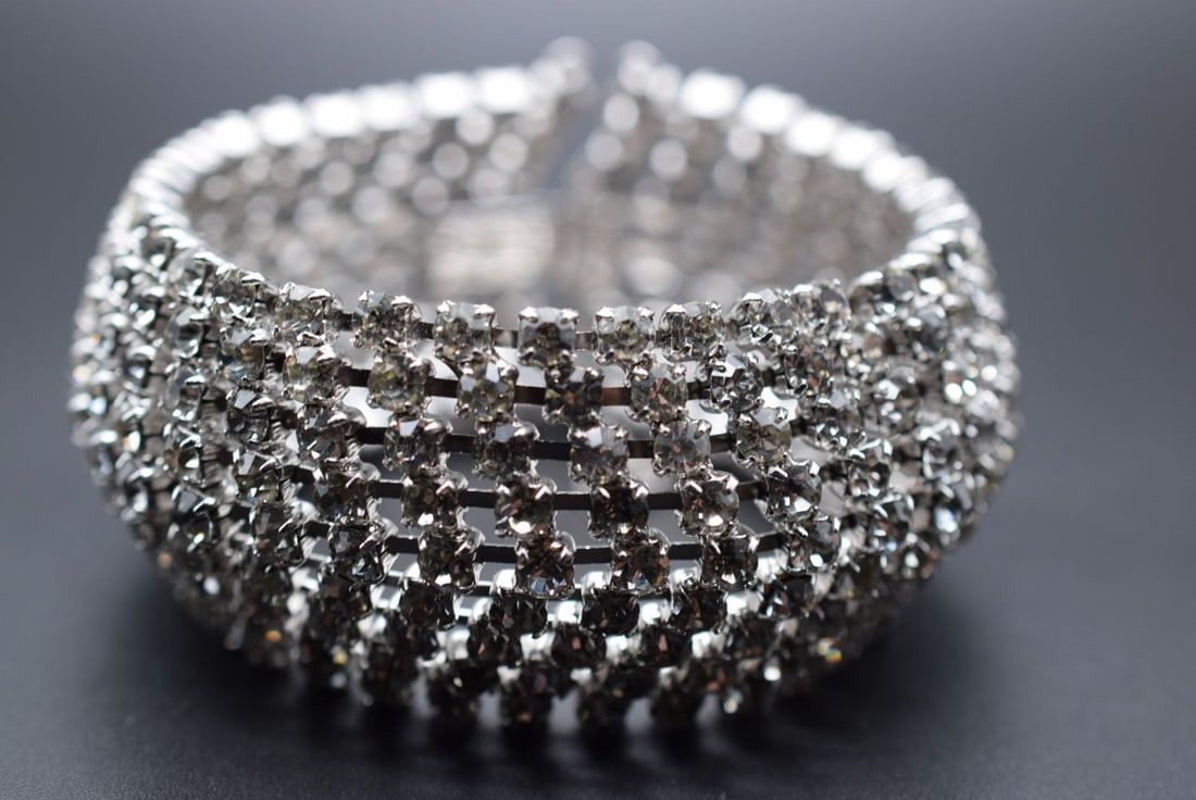 Rhinestone 1950's Bling Bracelet Vintage 8 3/8" long 1 1/2" wide Lot HK 351 (1 of 3)