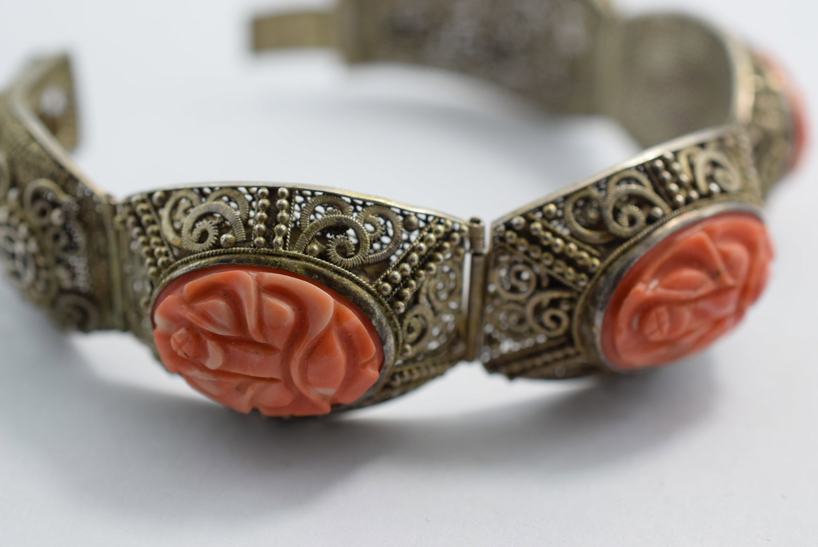 Filigree Coral Carved Bracelet 1940's 800 Silver Gilt Gold Vermeil Vintage Lot # KN 364: Filigree Coral Carved Bracelet 1940's 800 Silver Gilt Gold Vermeil Vintage