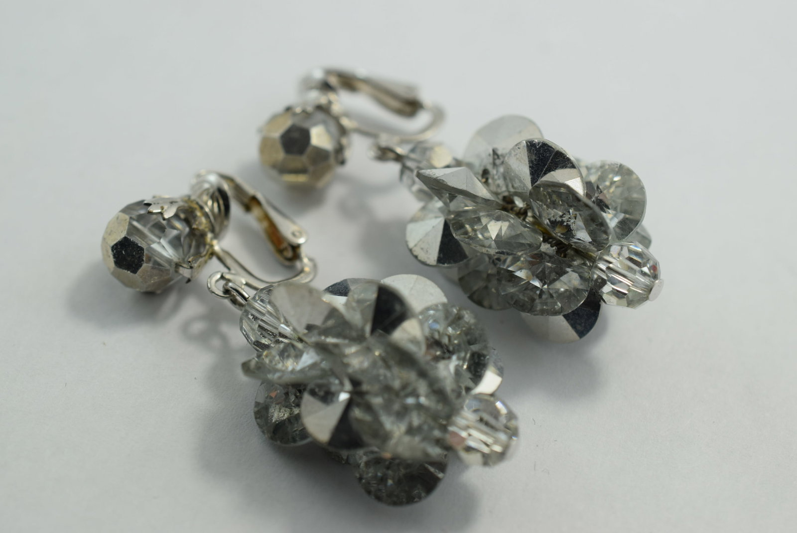 Crystal Rare Sherman Cluster Signed 1 3/4" Clip Earrings 1940's Vintage Lot # KN 372: Crystal Rare Sherman Cluster Signed 1 3/4" Clip Earrings signed on sides of clips 1940's Vintage
