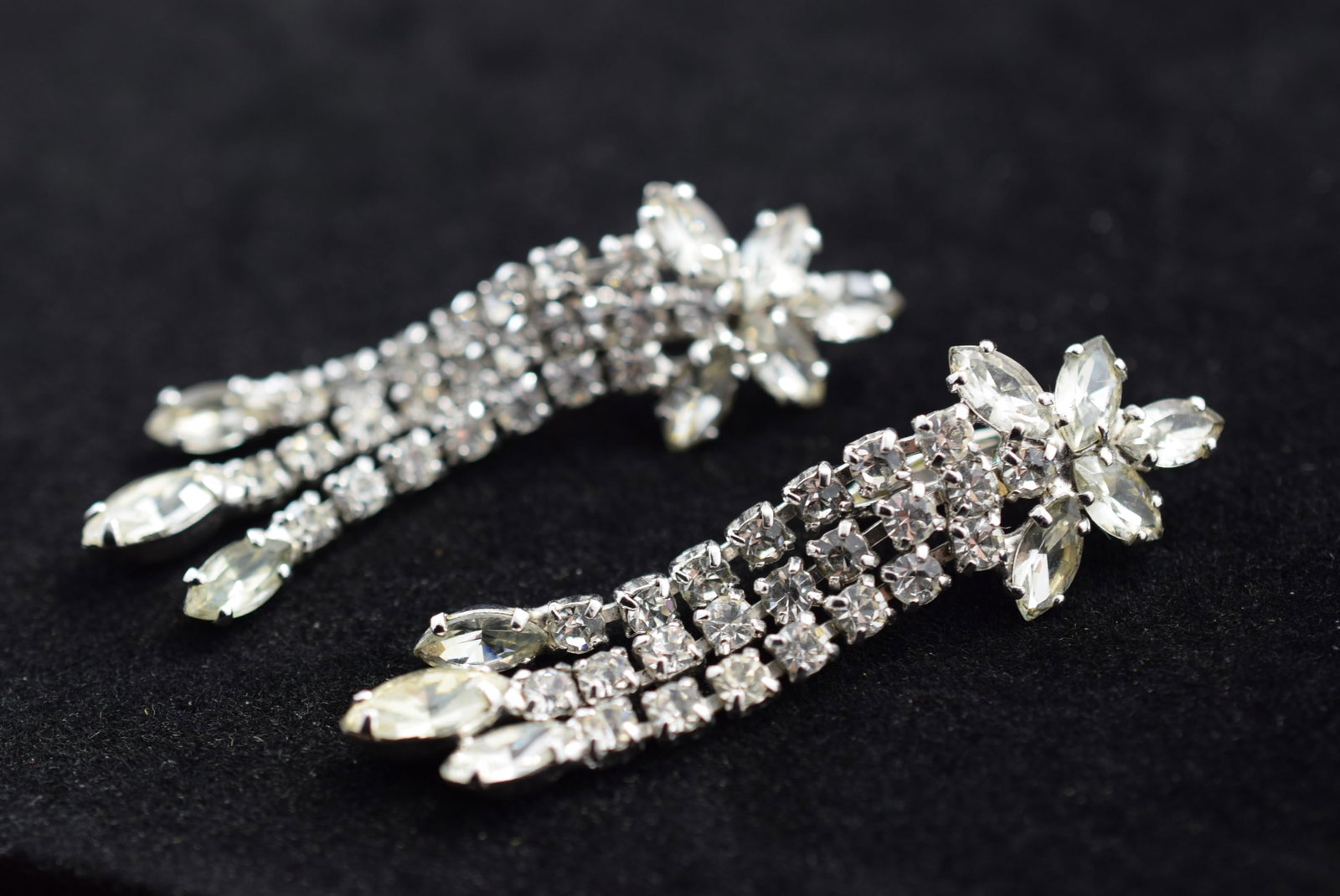 Shoulder Duster Sherman 2 3/8" Clip Rhinestone Earrings 1940's Signed Vintage Lot # KN 374: Shoulder Duster Sherman 2 3/8" Clip Rhinestone Earrings 1940's Signed Vintage