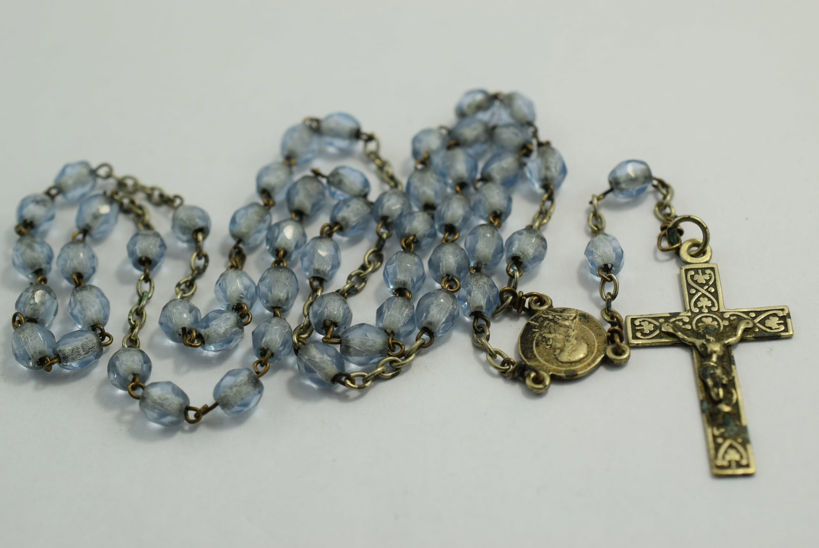 Blue Glass Old Rosary Hanging Length 14 1/2" Vintage Lot # KN 414: Blue Glass Old Rosary Hanging Length 14 1/2" Vintage