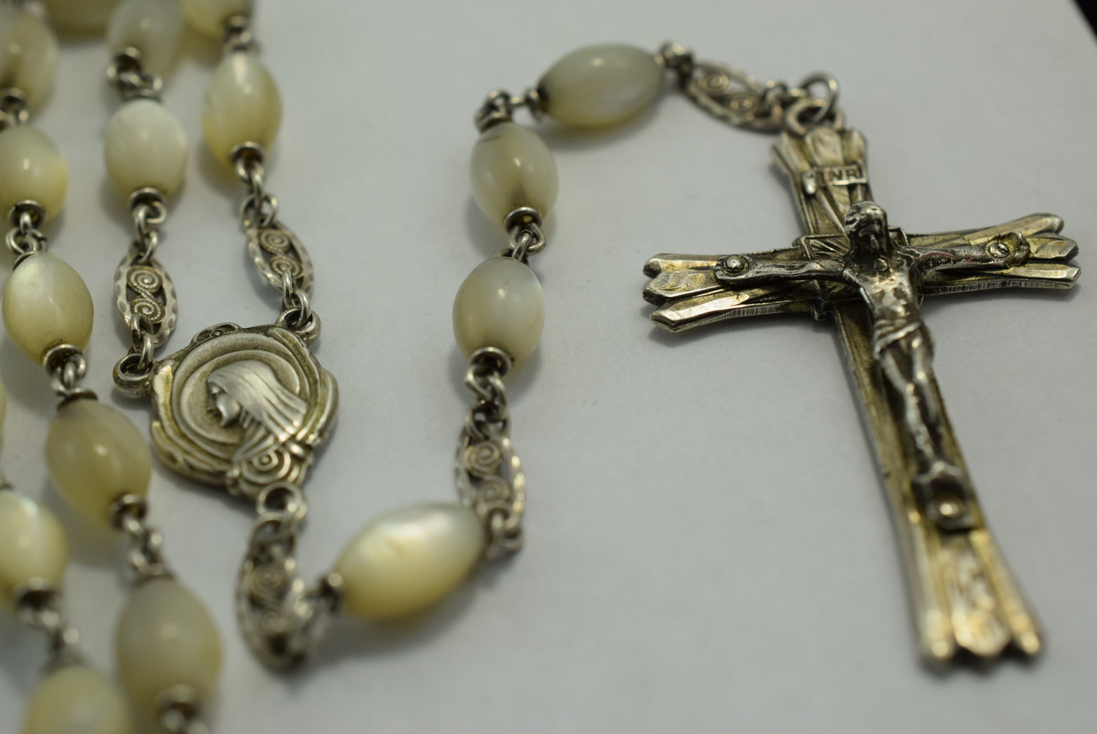 Sterling Silver 925 Mother of Pearl Huge Bead Old Rosary Hanging Length 26" Vintage Lot # KN 420 (1 of 9)