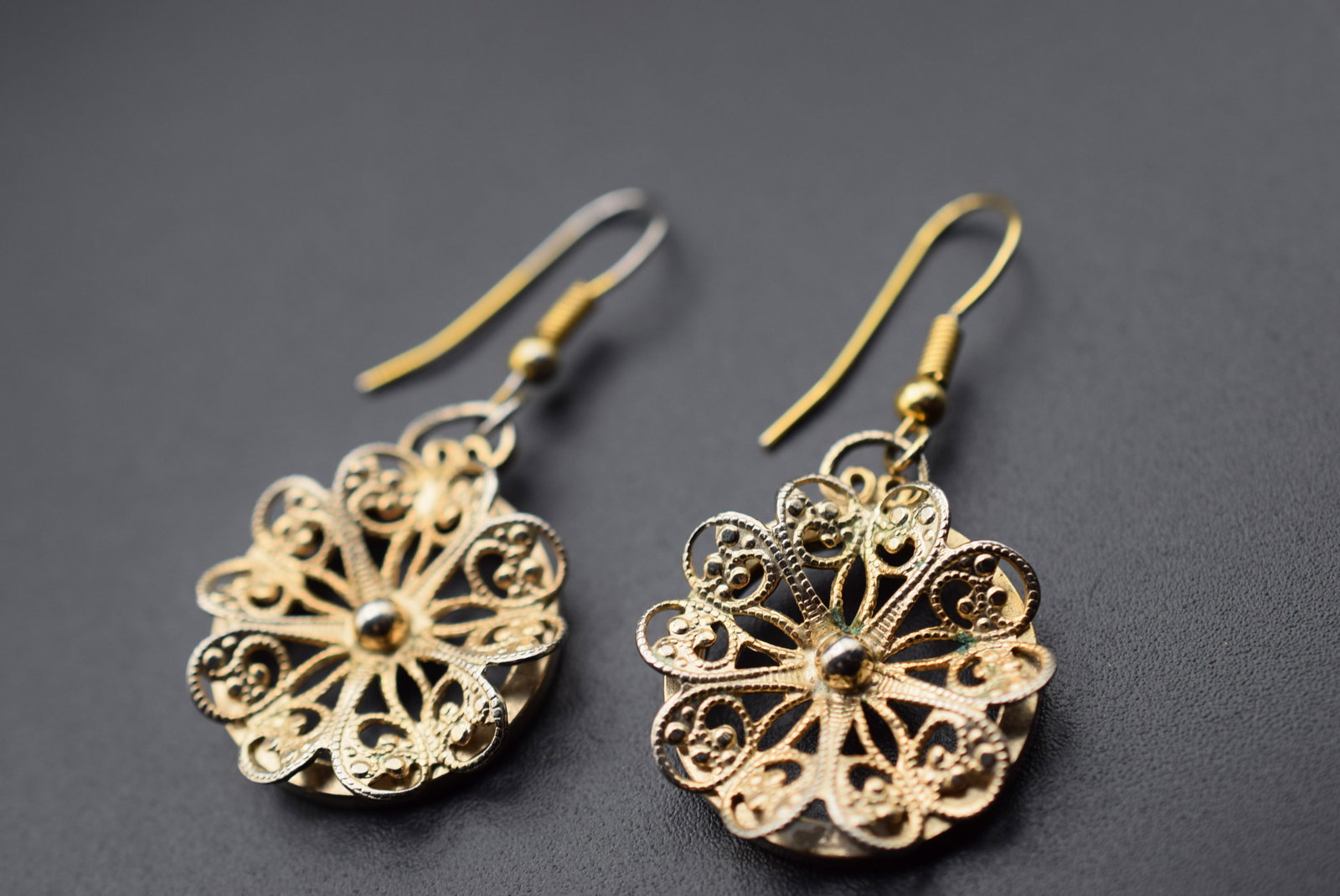Filigree Drop Earrings Pierced Lot EH 439: Filigree Drop Earrings Pierced measures 1" in diameter