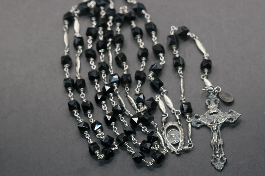 MAGNIFICENT GLORIA ROSARY Black Jet Crystals Sterling Silver 925 Vintage 30" .Lot#455 (1 of 8)