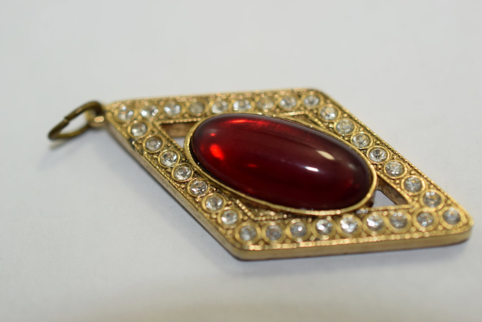 Rhinestone Red Cabochon Pendant 1 5/8" Vintage Lot # KN 497 (1 of 2)