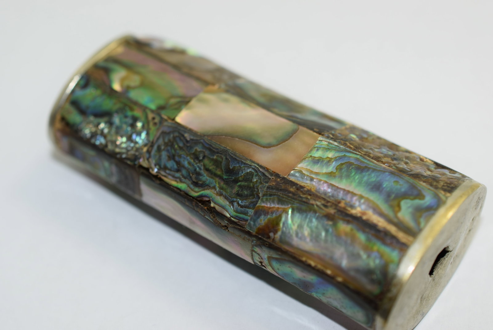 Sterling Mother of Pearl Paua Abalone Lighter Holber For Bic 2 3/4" Vintage Lot # KN 521: Sterling Mother of Pearl Paua Abalone Lighter Holber For Bic 2 3/4" Vintage missing one abalone piece on the back
