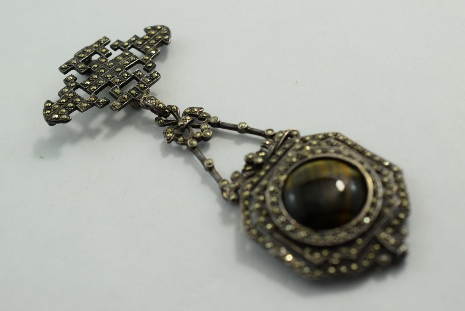 Stomacher Brooch Pin Tiger's Eye Marcasite 3 1/2" Sterling Silver 925 Huge Vintage Lot # KN 821 (1 of 4)