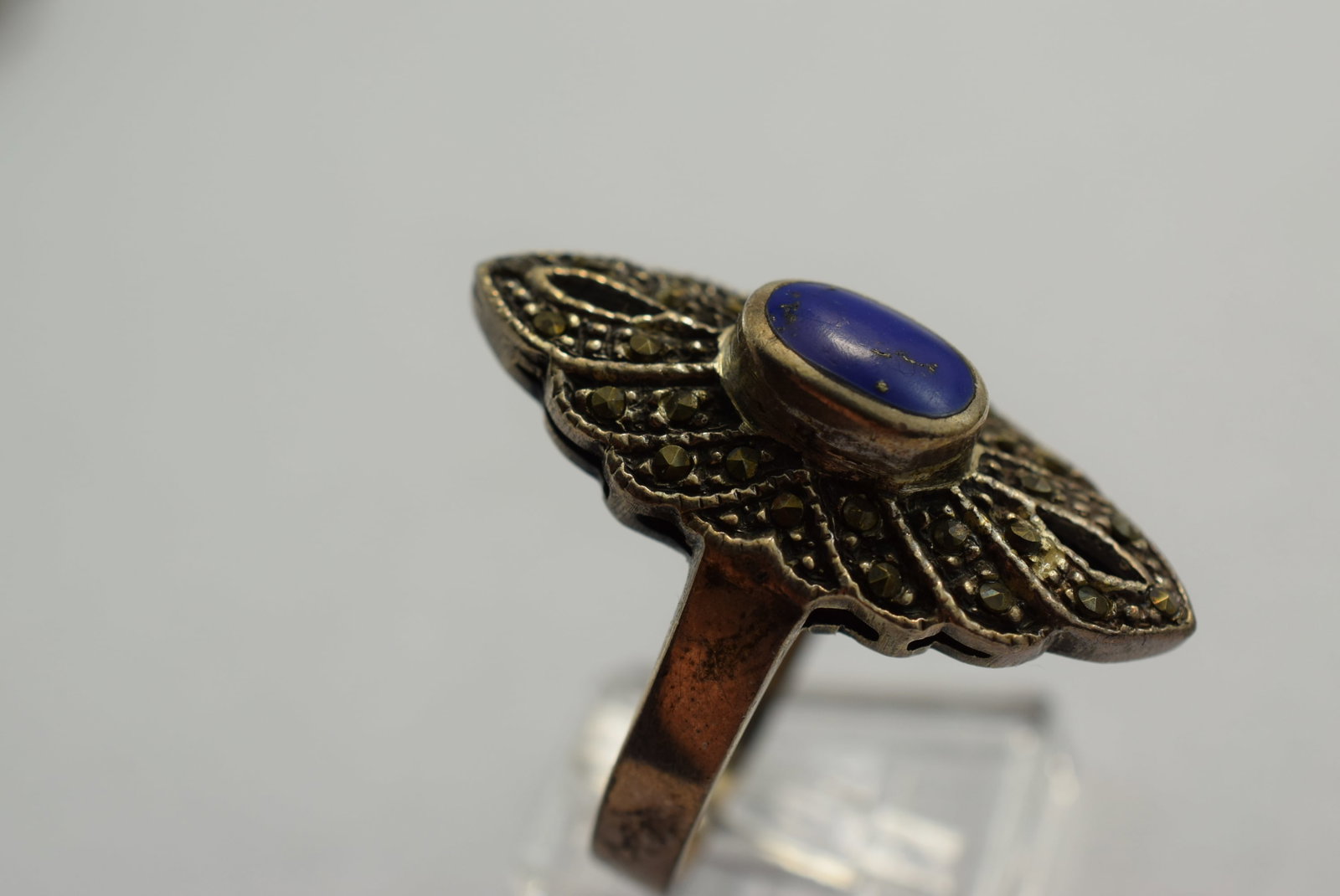 Sterling Silver 925 Marcasite Lapis Ring Size 8.75 Vintage Lot # KN 905: Sterling Silver 925 Marcasite Lapis Ring Size 8.75 Vintage weighs 7.42 Grams