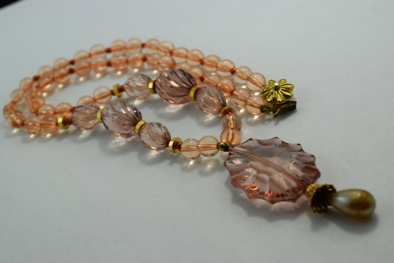 Old Necklace Peach Color 22" plus 2 1/2" Drop Vintage Lot # KN 1056 (1 of 3)