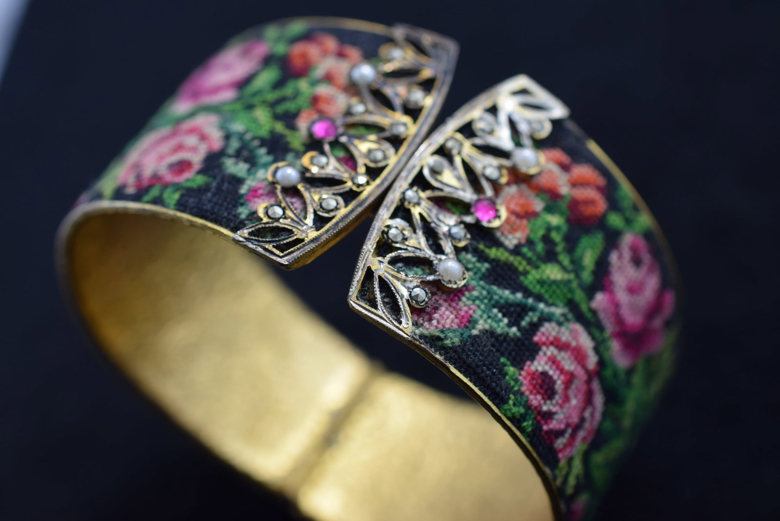 Petit Point Hinged Clamper Bracelet 1950's 1 1/2" wide Vintage Lot # KN 1160 (1 of 5)