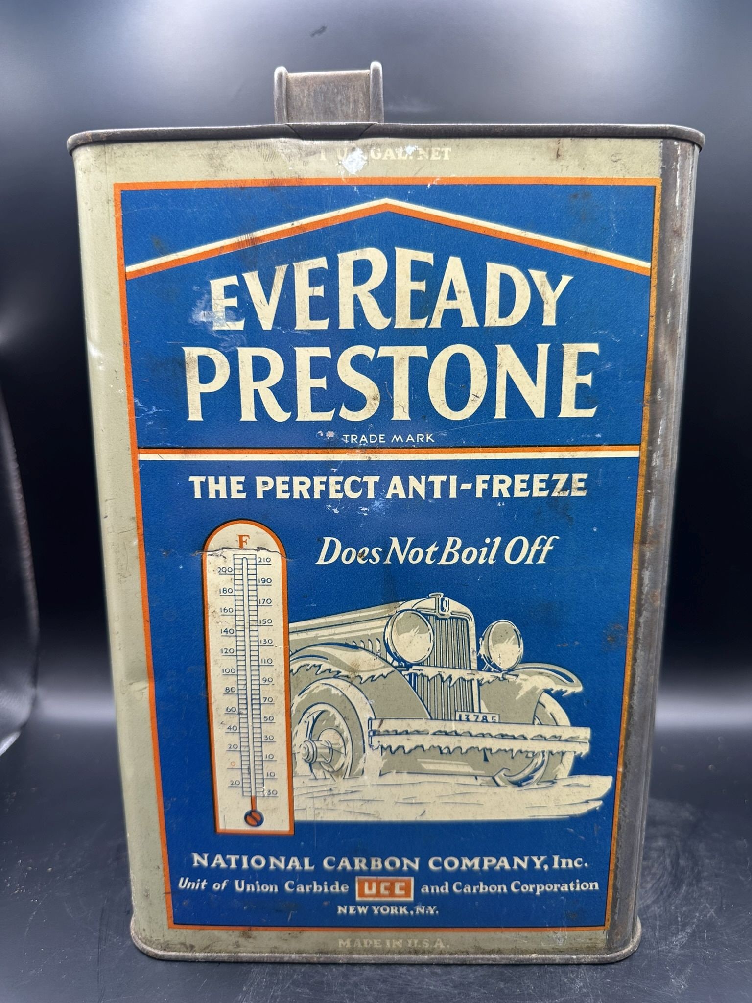 Eveready Prestone Gallon: Fantastic car graphic, decent condition, No cap