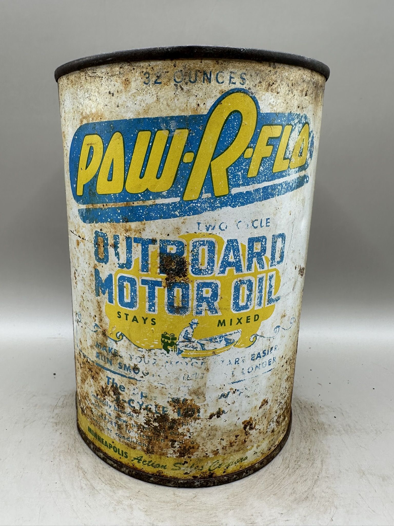 Pow-r-flo Outboard: Condition is rough, RARE can, color OK, empty