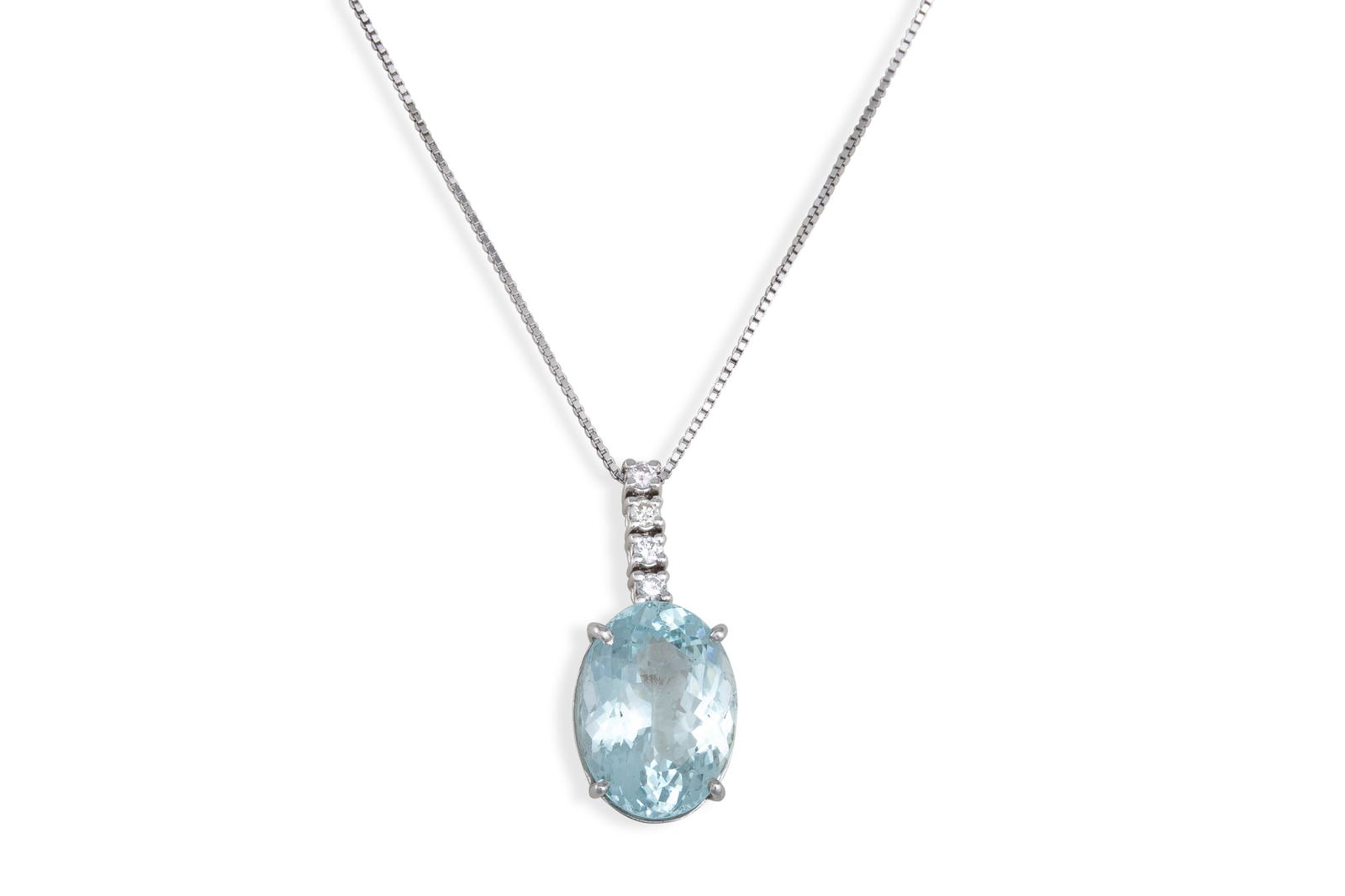 A DIAMOND AND AQUAMARINE PENDANT, the oval aquamarine to diamond bail, on a white gold chain.: A DIAMOND AND AQUAMARINE PENDANT, the oval aquamarine to diamond bail, on a white gold chain. Estimated: weight of diamonds: 0.10 ct, aquamarine: 2.55 ct,