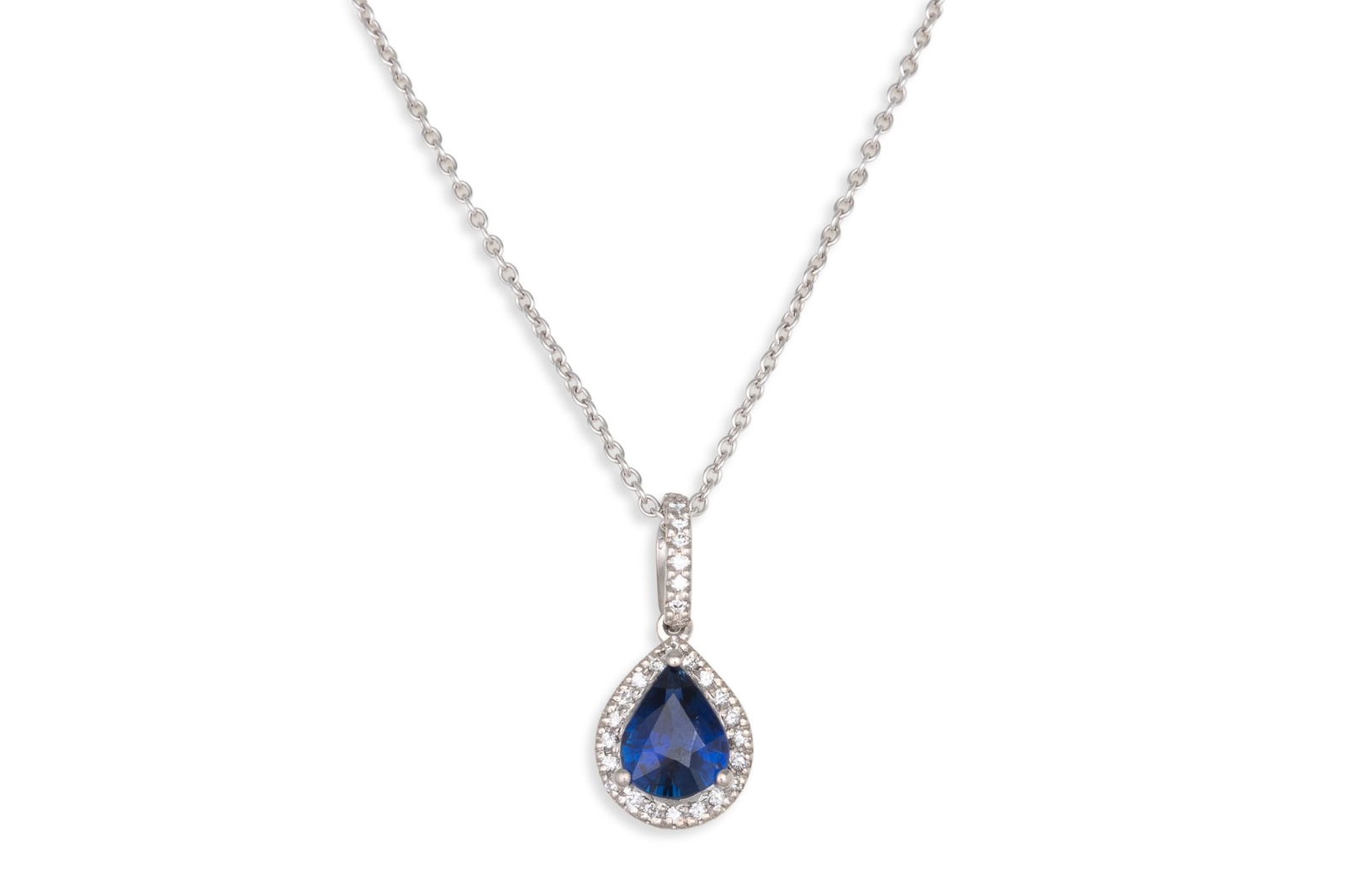 A DIAMOND AND SAPPHIRE DROP PENDANT, the pear shaped cluster, on a white gold chain: A DIAMOND AND SAPPHIRE DROP PENDANT, the pear shaped cluster, on a white gold chain