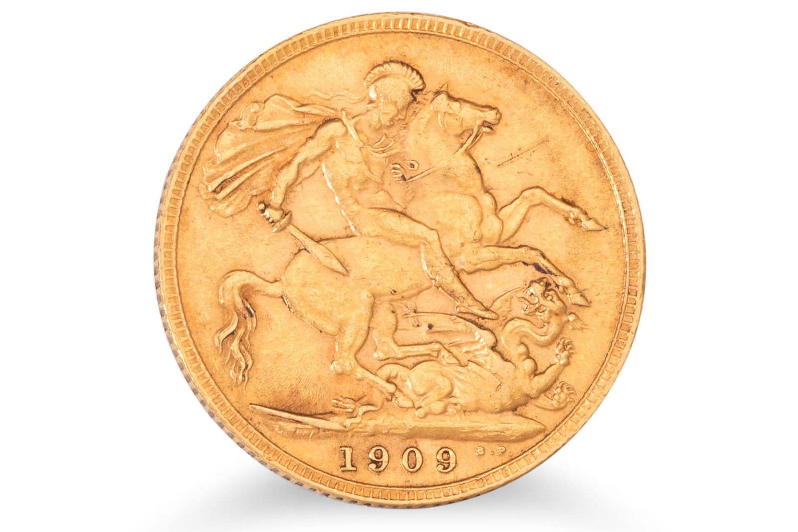 A 1909 FULL GOLD SOVEREIGN ENGLISH COIN, Edward VII, 22 ct., 8 g. EF: A 1909 FULL GOLD SOVEREIGN ENGLISH COIN, Edward VII, 22 ct., 8 g. EF