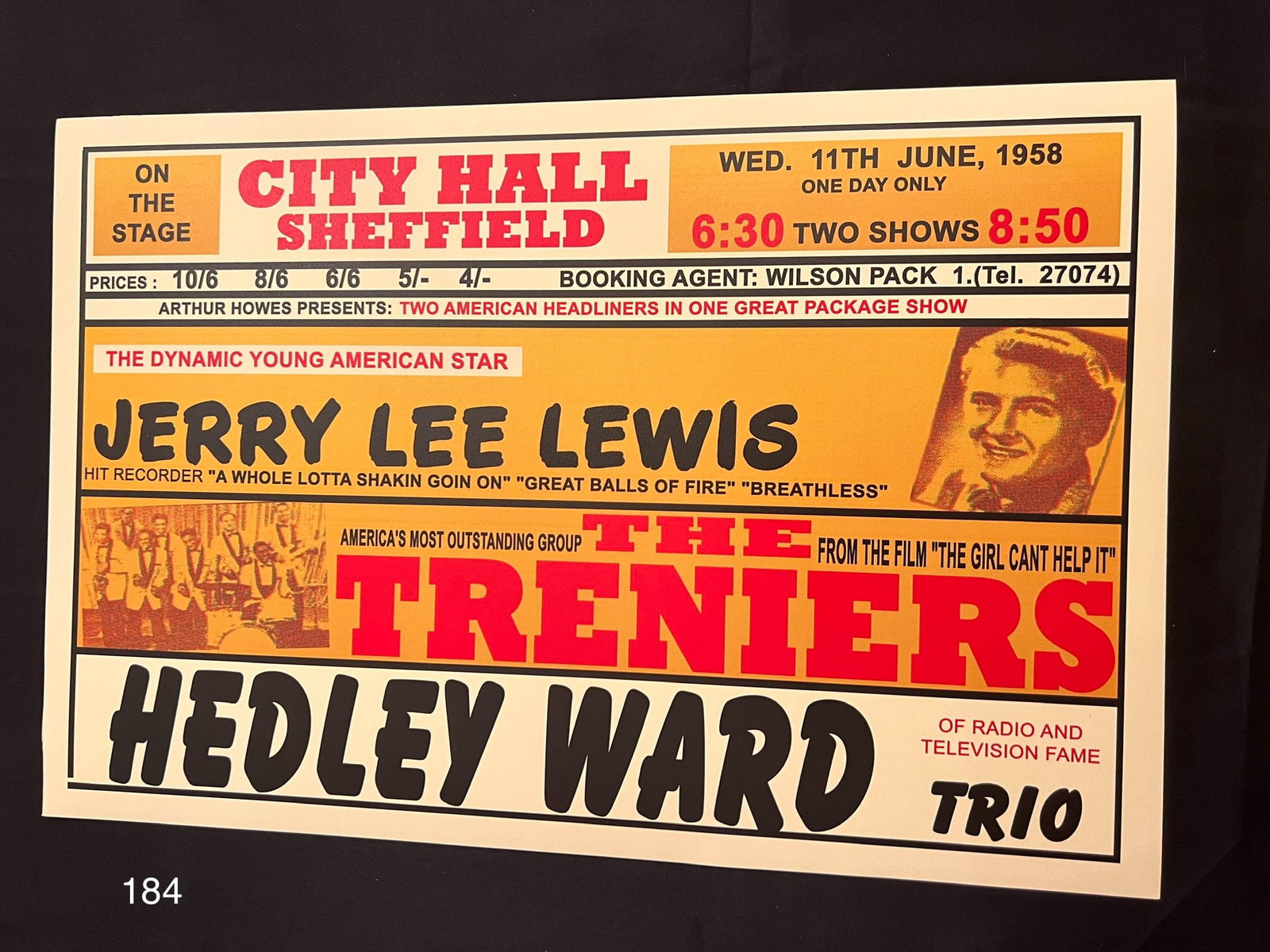 Concert Poster Jerry Lee Lewis, The Treniers, and the Hedley Ward Trio at Sheffield City Hall,: Item: Concert Poster Jerry Lee Lewis, The Treniers, and the Hedley Ward Trio at Sheffield City Hall, Yorkshire, U.K., June 11, 1958 Please look at the pictures carefully to determine what you believe 
