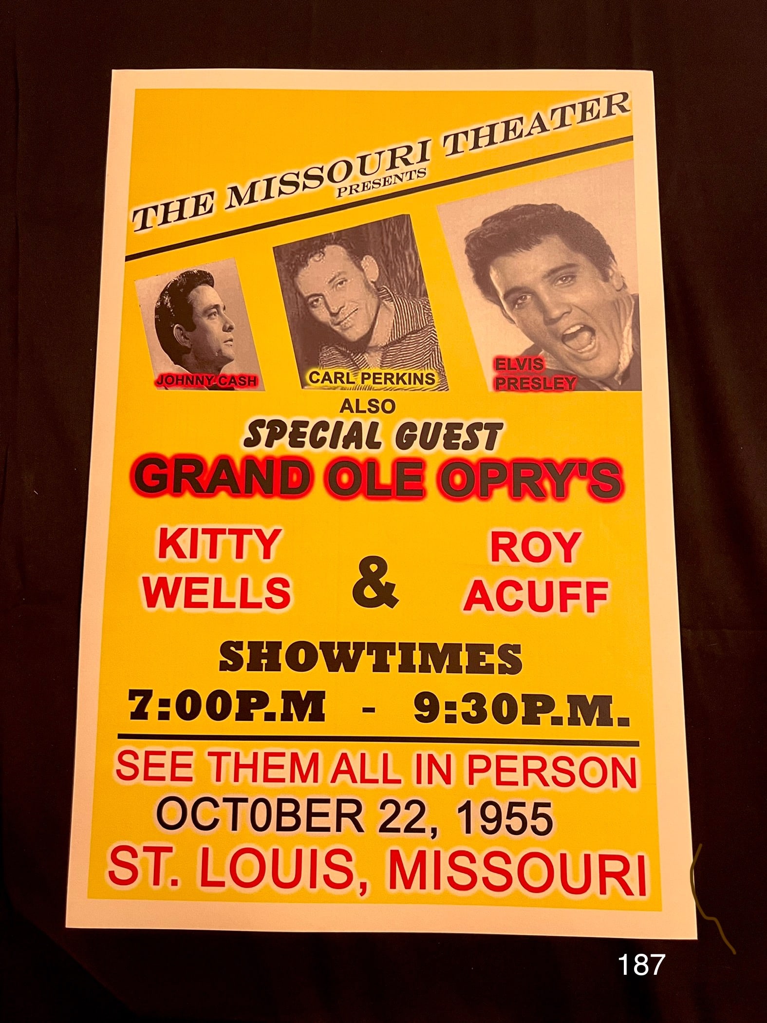 Concert Poster October 22, 1955 Elvis Presley, Carl Perkins and Johnny Cash: Item: Concert Poster October 22, 1955 Elvis Presley, Carl Perkins and Johnny Cash Please look at the pictures carefully to determine what you believe the condition of collectible is. We are not profes