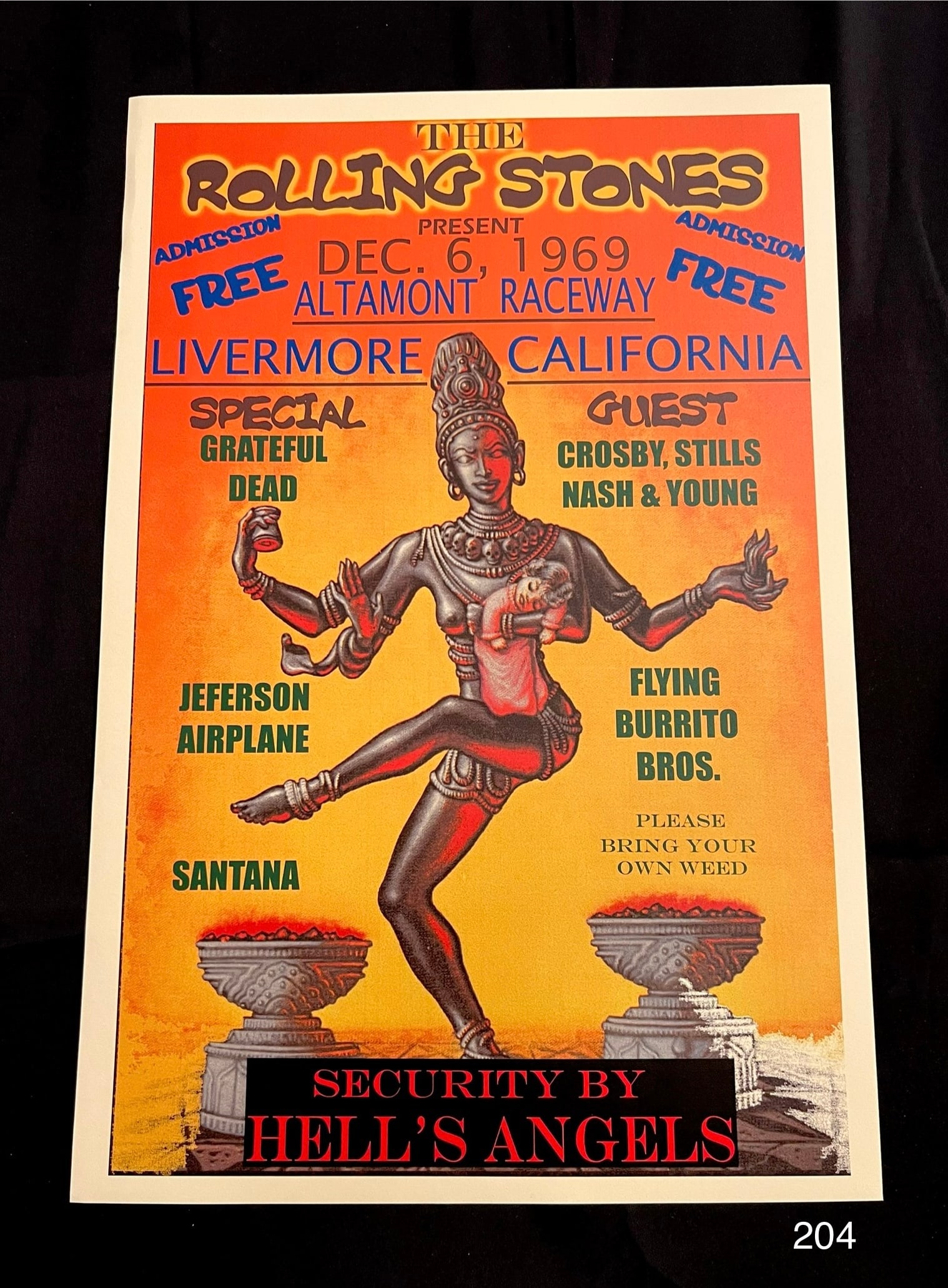 1969 Concert Poster for The Rolling Stones at Altamont Raceway with Security by the Hell's Angels (1 of 1)