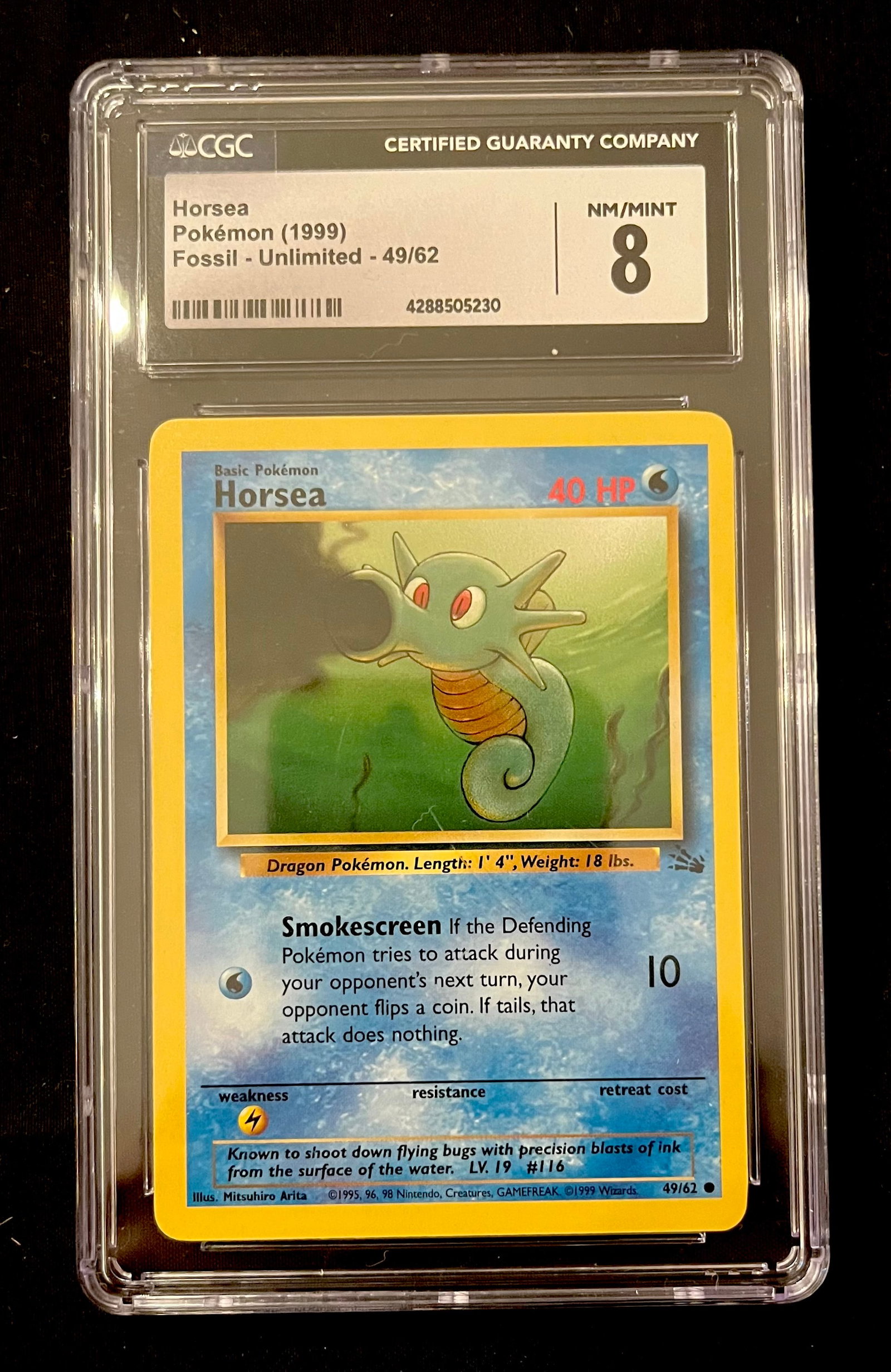 Pokémon Horsea (1999) Graded 8 Near Mint by CGC: Item: Pokémon Horsea (1999) Graded 8 Near Mint by CGC Please look at the pictures carefully to determine what you believe the condition of this collectible is. We are not professional authenticators,