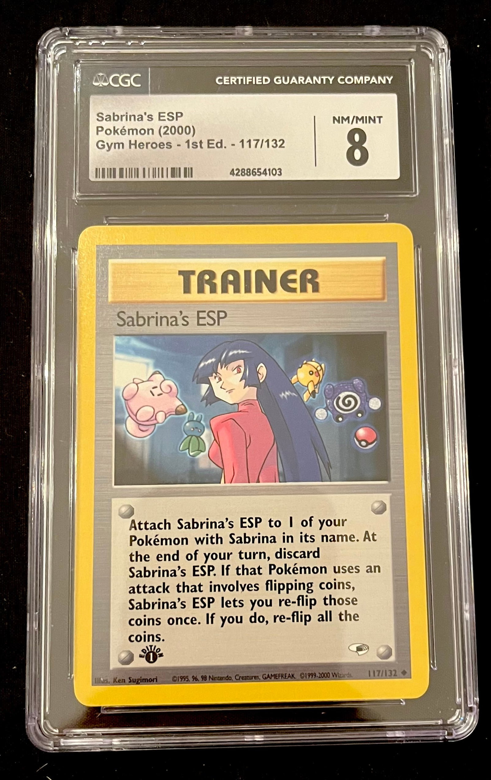 Pokémon Sabrina'a ESP (2000) Graded 8 Near Mint by CGC / Gym Heroes / 1st Edition: Item: Pokémon Sabrina'a ESP (2000) Graded 8 Near Mint by CGC / Gym Heroes / 1st Edition Please look at the pictures carefully to determine what you believe the condition of this collectible is. We ar