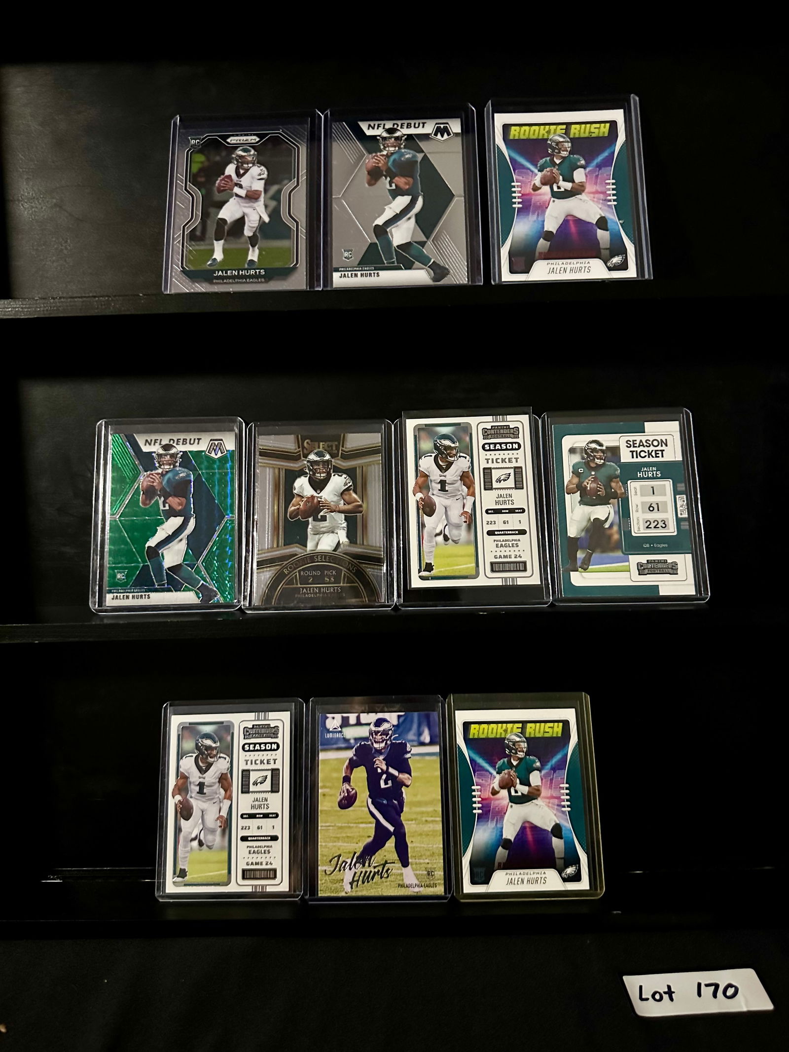 Jalen Hurts (10) Rookie Card Football Card Lot Including Inserts (1 of 6)