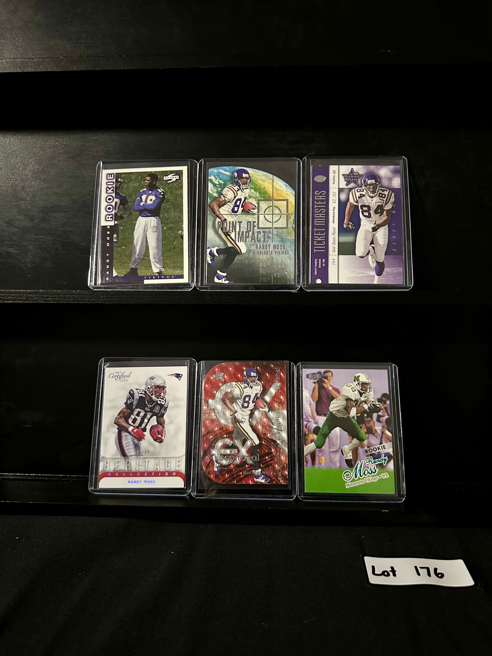 Randy Moss (6) Rookie Card Football Card Lot Including Inserts and Serial Numbered Cards (1 of 2)
