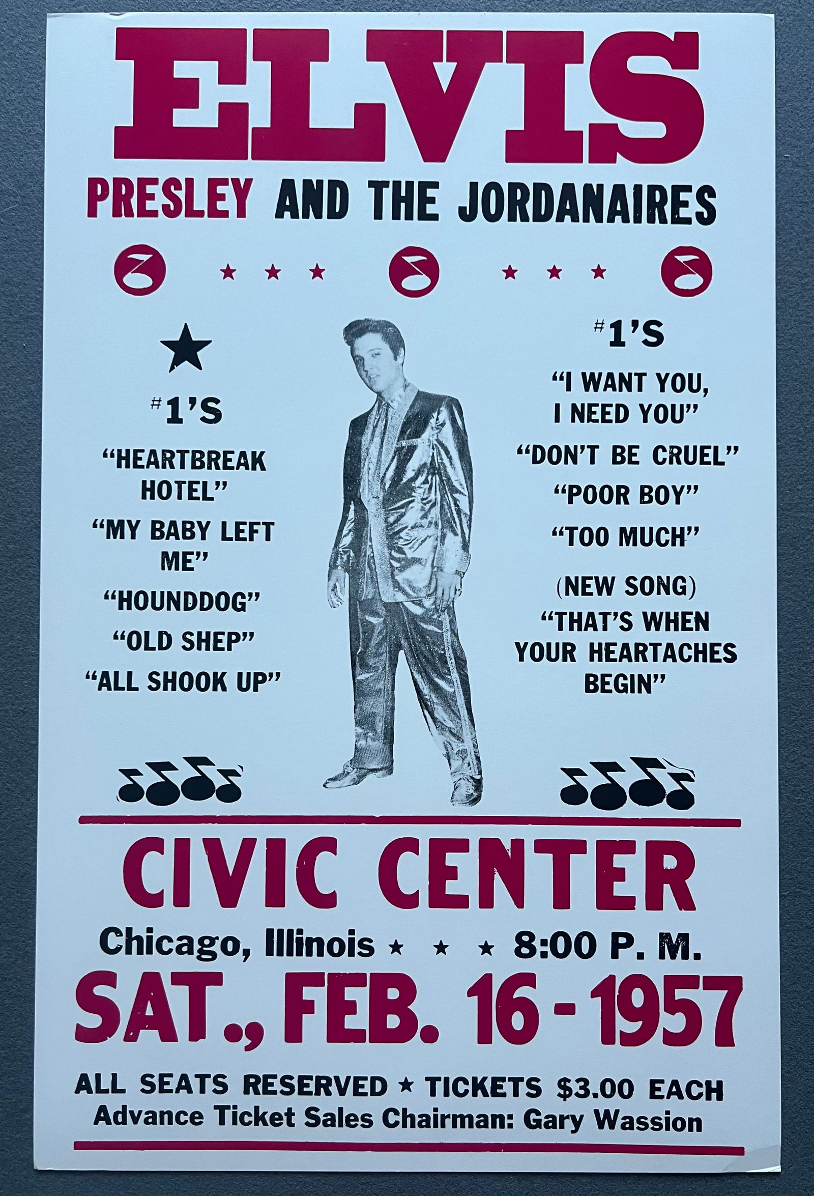 Elvis Presley and the Jordanaires Civic Center Concert Poster Saturday February 16th, 1957 - 14" x (1 of 1)