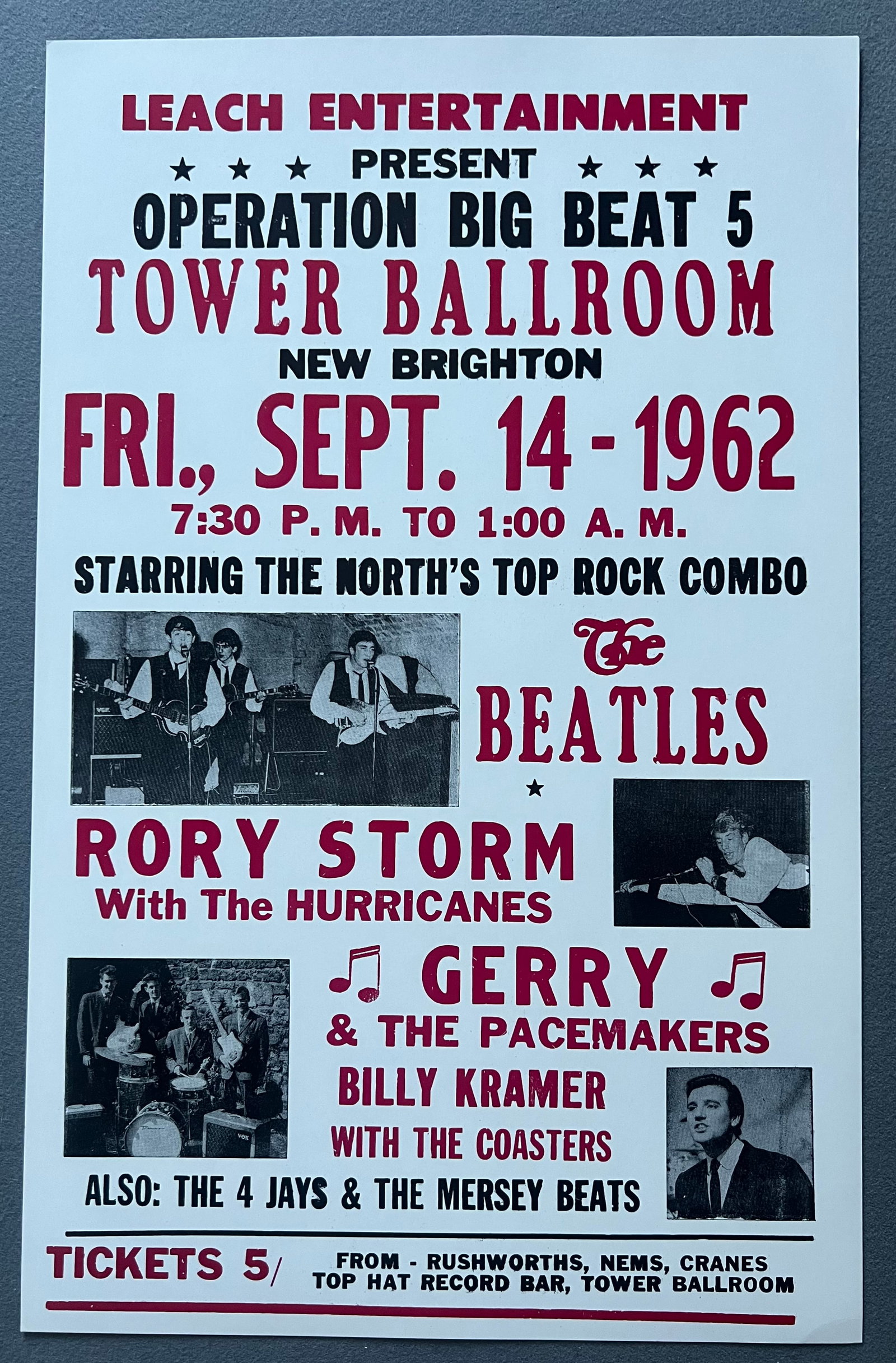THE BEATLES Concert Poster Sept. 14, 1962 - Tower Ballroom - Rory Storm Pacemakers - 14" x 22": Item: THE BEATLES Concert Poster Sept. 14, 1962 - Tower Ballroom - Rory Storm Pacemakers - 14" x 22" Please look at the pictures carefully to determine what you believe the condition of this collectib