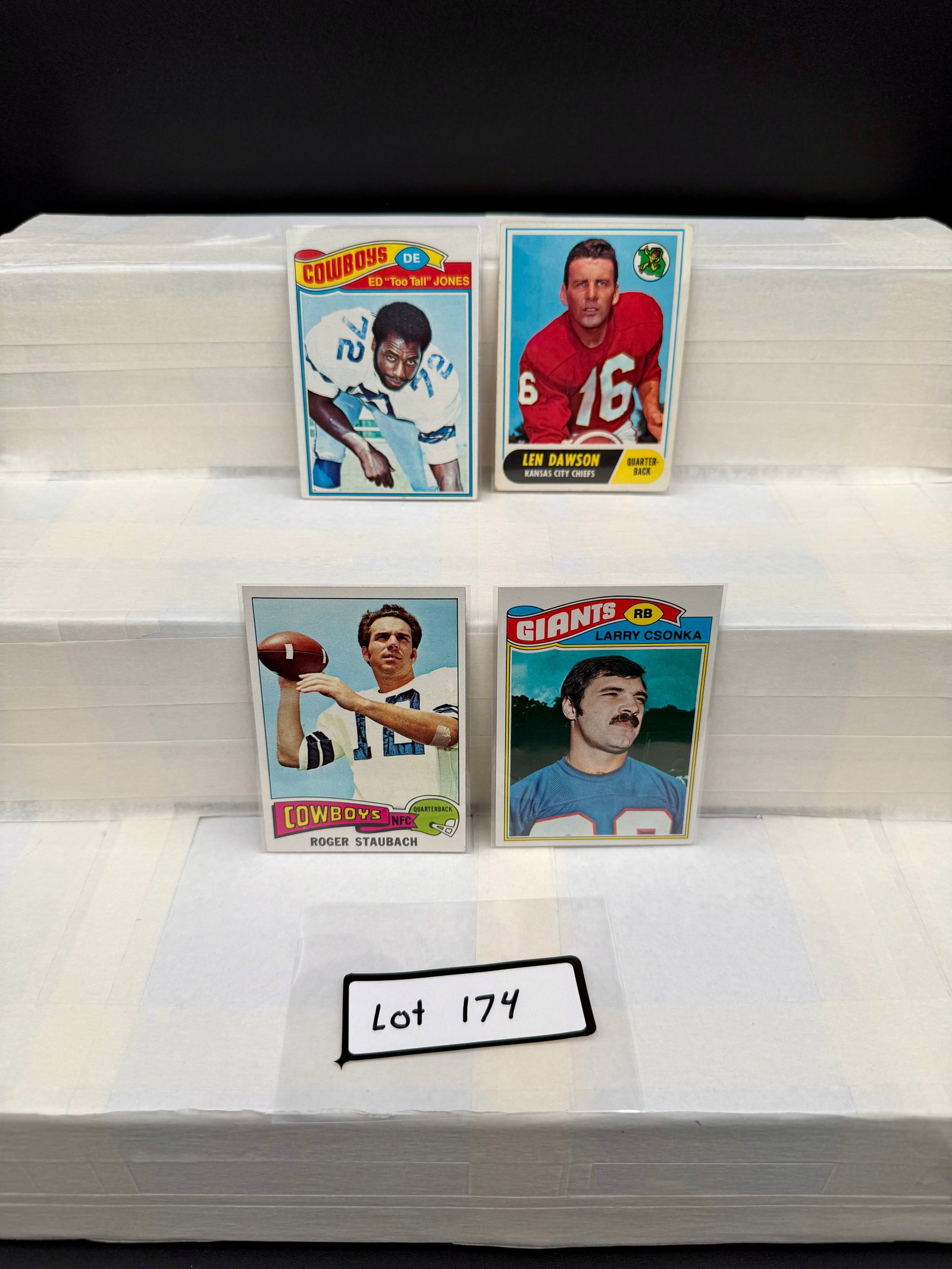 HOF Football Vintage Card Lot (4) Card Total: Roger Staubach, Larry Csonka, Len Dawson, Ed "Too: Item: HOF Football Vintage Card Lot (4) Card Total: Roger Staubach, Larry Csonka, Len Dawson, Ed "Too Tall" Jones Please look at the pictures carefully to determine what you believe the condition of t
