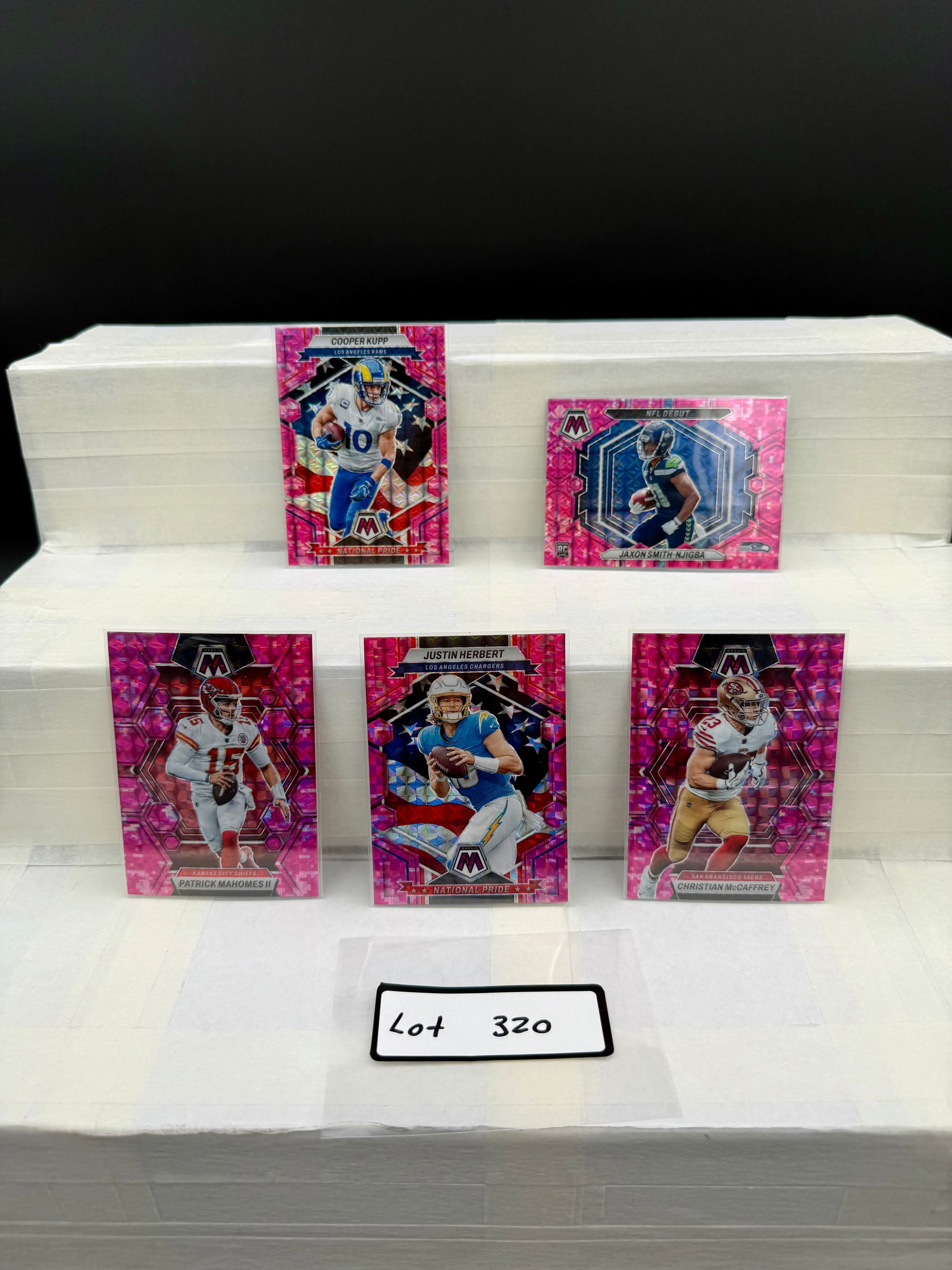 Football Insert Pink Prizm Card Lot (5) Total. Including: Patrick Mahomes, Justin Herbert (1 of 3)
