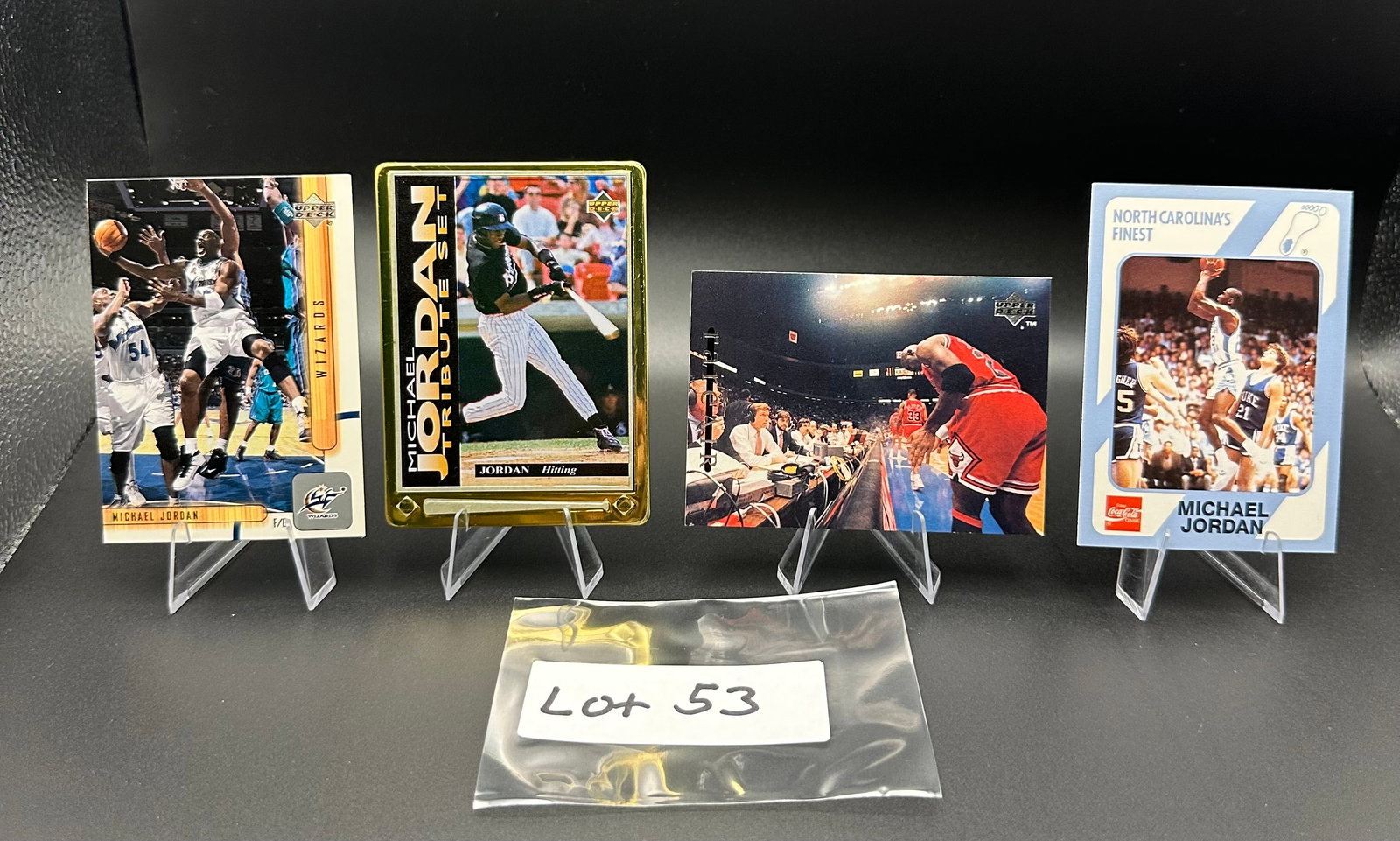 (4) Michael Jordan Basketball Cards Chicago Bulls - Including Baseball Gold Metal Rookie and College: Item: (4) Michael Jordan Basketball Cards Chicago Bulls - Including Baseball Gold Metal Rookie and College Card Please look at the pictures carefully to determine what you believe the condition of thi
