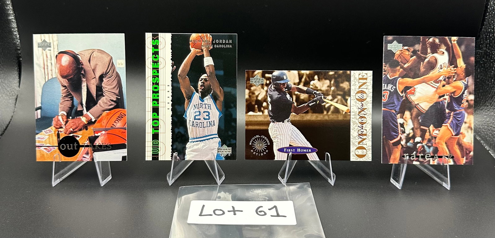 (4) Michael Jordan Basketball Cards Chicago Bulls - Including Baseball Rookie Card: Item: (4) Michael Jordan Basketball Cards Chicago Bulls - Including Baseball Rookie Card Please look at the pictures carefully to determine what you believe the condition of this collectible is. We ar