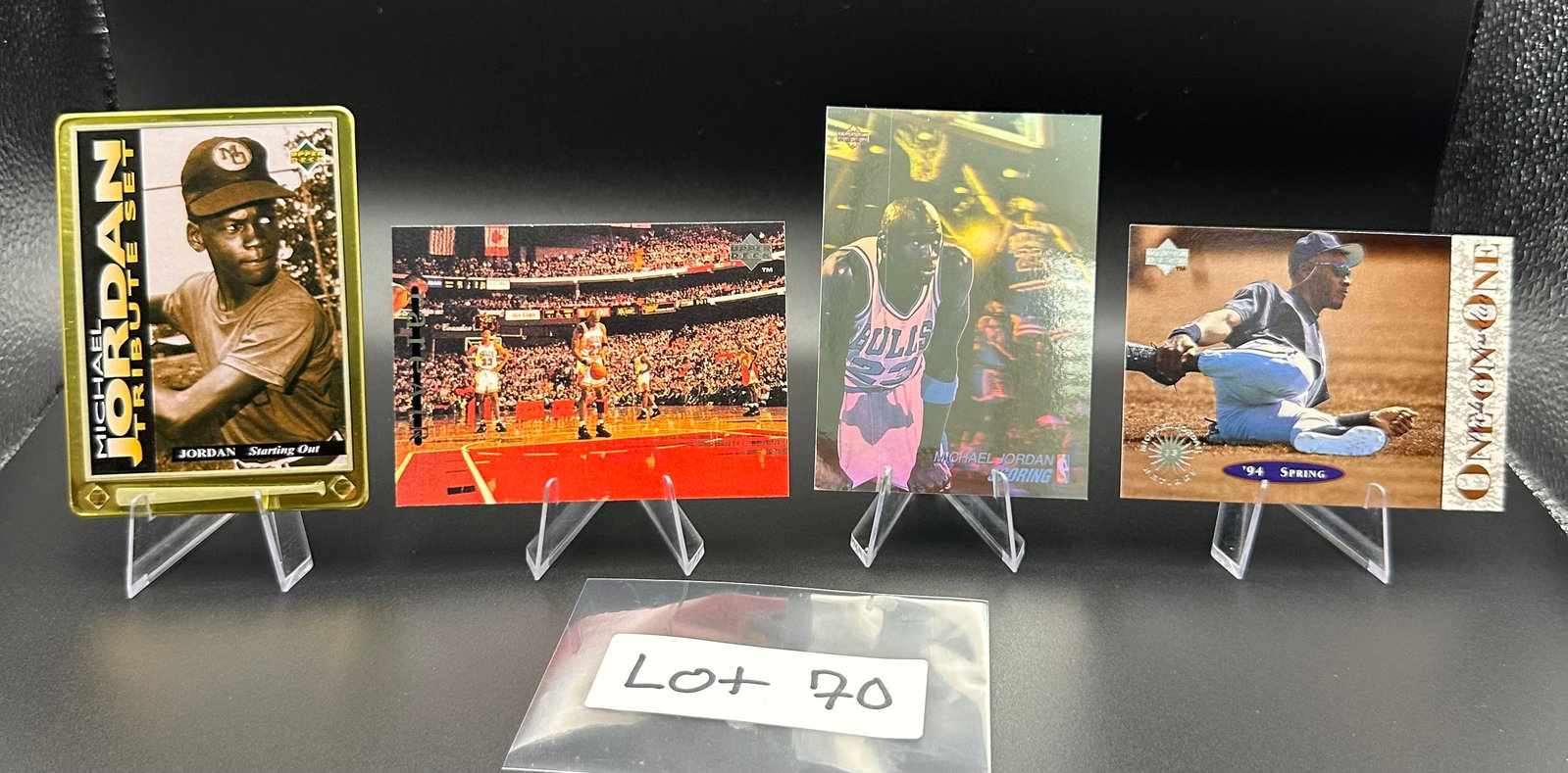 (4) Michael Jordan Basketball Cards Chicago Bulls - Including Baseball Gold Metal Rookie and College: Item: (4) Michael Jordan Basketball Cards Chicago Bulls - Including Baseball Gold Metal Rookie and College Card Please look at the pictures carefully to determine what you believe the condition of thi