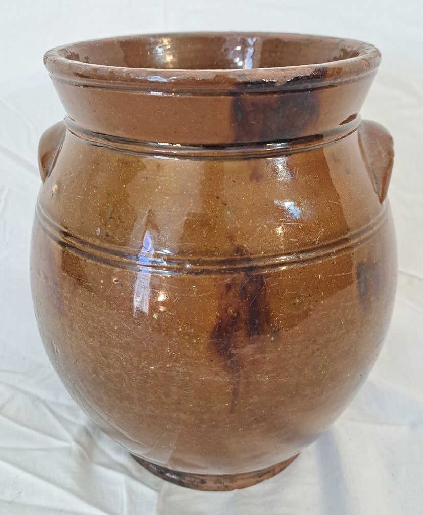19c Incised Redware stew pot.: 8 1/2" Tall x 7 1/4" Wide.